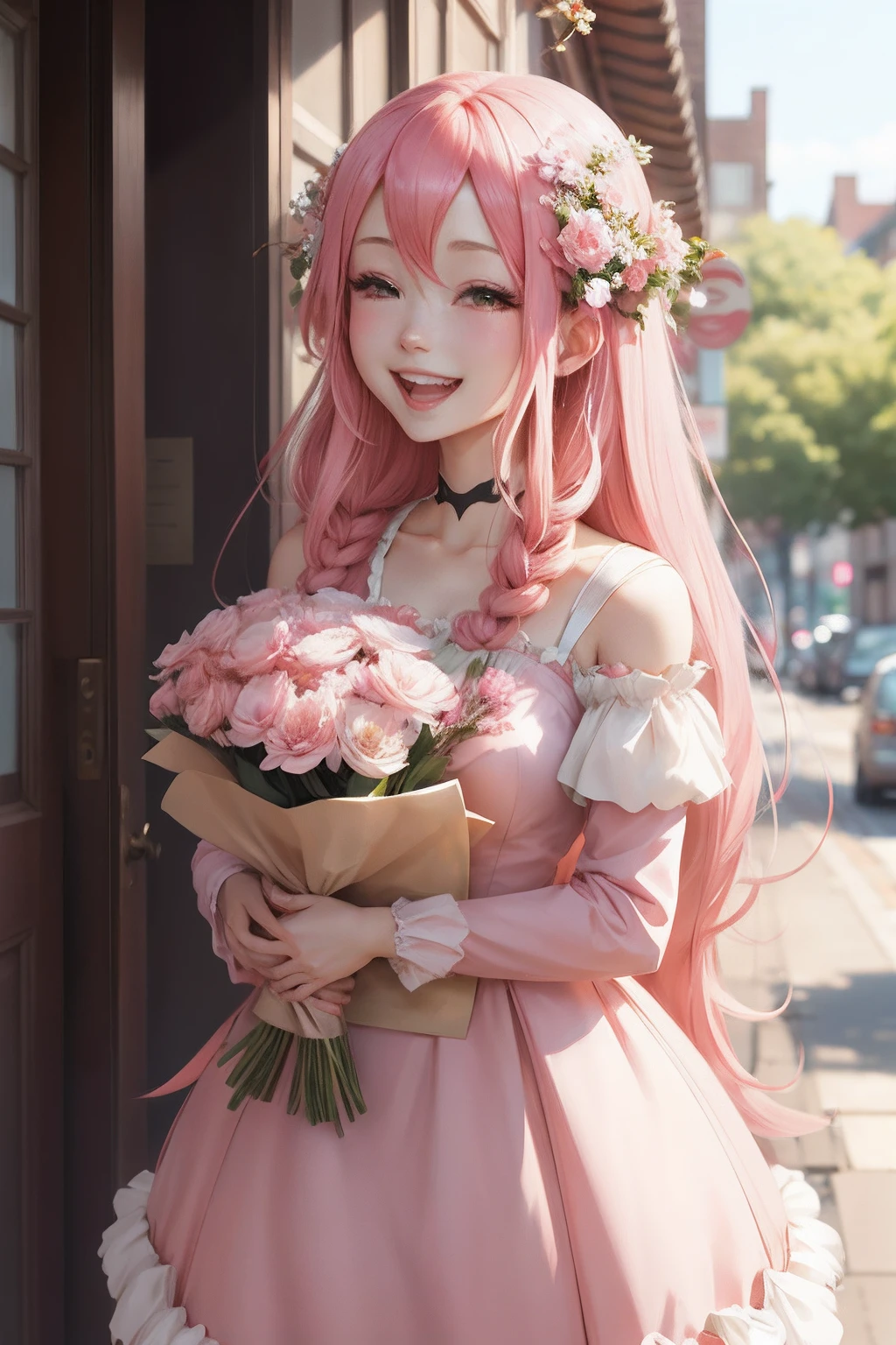 anime girl with long pink hair holding flowers in front of a tree, beautiful anime girl, beautiful anime artwork, anime art wallpaper 4 k, anime art wallpaper 4k, anime art wallpaper 8 k, anime style 4 k, beautiful anime art, beautiful anime, beautiful anime portrait, guweiz on pixiv artstation, cute anime waifu in a nice dress, smiling, laughing, happy