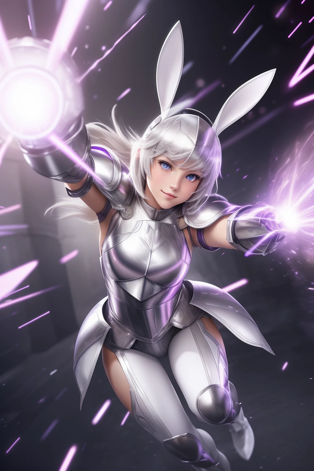 (white bunny ears),(lilac eyes),(silver knight armor),(naive smile),(short hair),(((wild female character))),(day),(tan skin tone),( silver hair),(Beautiful face 8k),(floor),(spectators),(lit environment),(particles in the air),((speed)), hand-drawn anime style, dynamic, full length, animation quality, anime icon, looking at face camera, 8k, full length, best background, masterpiece, awesome titles, ultra HD, insane title, perfect hands