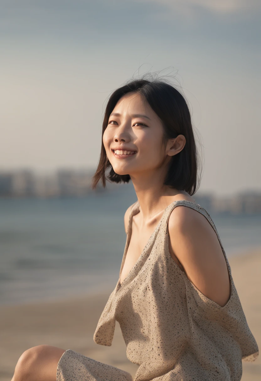 Two busty girls sitting on the beach,Realism,swim wears，Bikini, Sea， Black swimming trunks,Pretty girl，Blue sky,Clear facial features,Medium shot(maam),full lenght shot(FLS),Cinematic,4K post-processing,85mm focal length,Photography,Fascinating,Daiyi,Telephoto lens ，8K, 超A high resolution, Best quality, masutepiece:1.2)、RAW whole body for Chinese girl、超A high resolution、top-quality、 (huge-breasted,:1.7)、｛Slim body:1.3｝｛I wasn't wearing underwear:1.7｝、、(hand to hip:1.1)、(In the street:1.2)、(Face up:1.2)、 Break (Natural skin texture、Detailed skin、Hyper-realism、ultra-sharpness)、intricately details、depth of fields、Sexy adult woman、short black straight hair、toned butt、((tmasterpiece、top-quality、high detal))、(Photorealsitic:1.4)、独奏、Smile happily、largeeyes、Distinct double eyelids、eyeslashes、Long neck、Absolute area、Clean collarbone、face perfect、Thin lips、a small face、(Gaze towards the viewer、highlights in the eyes、Light brown eyes、Gloss on lips)、(From the front side:1.5)