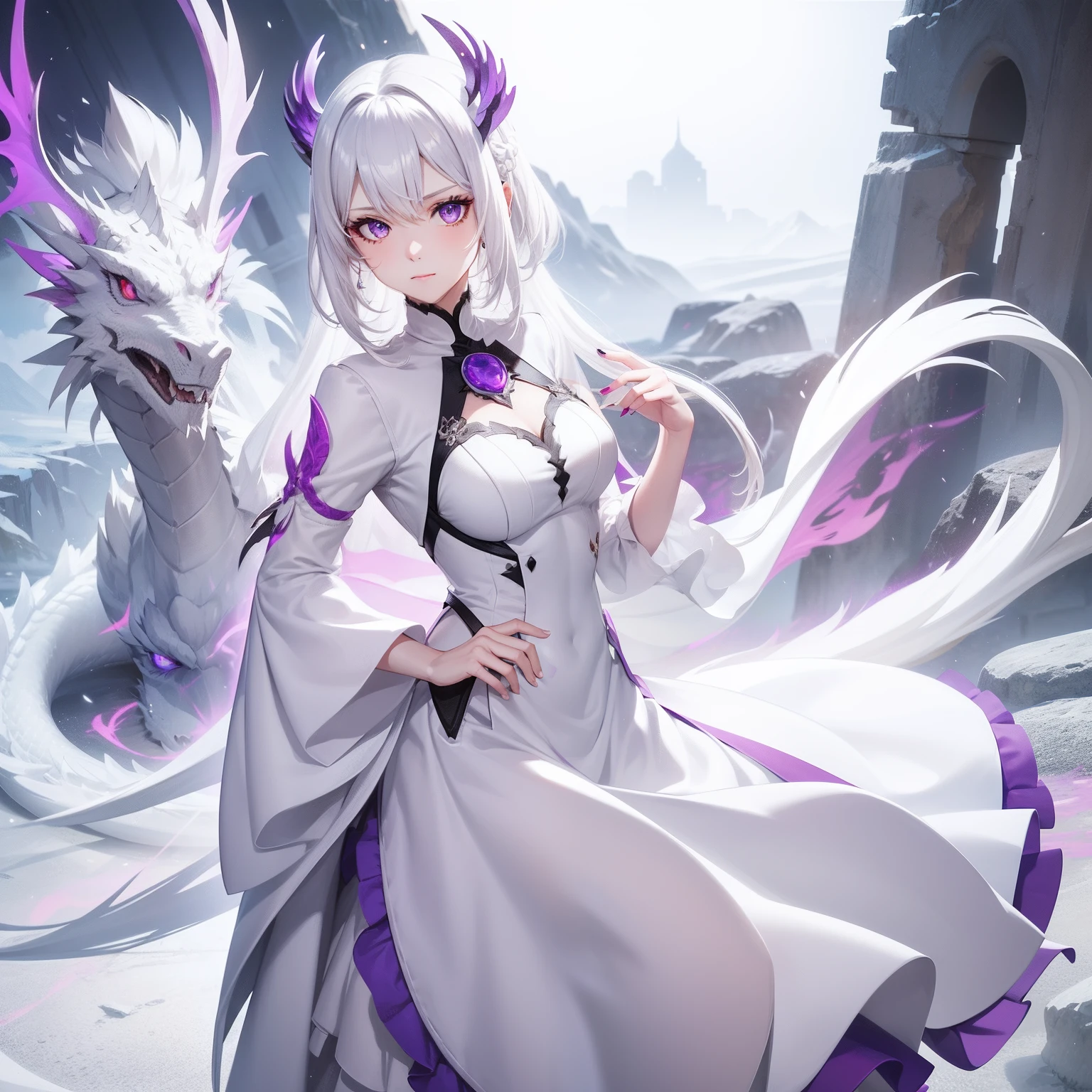 a women, white hair, purple eyes, white dress, silver dragon