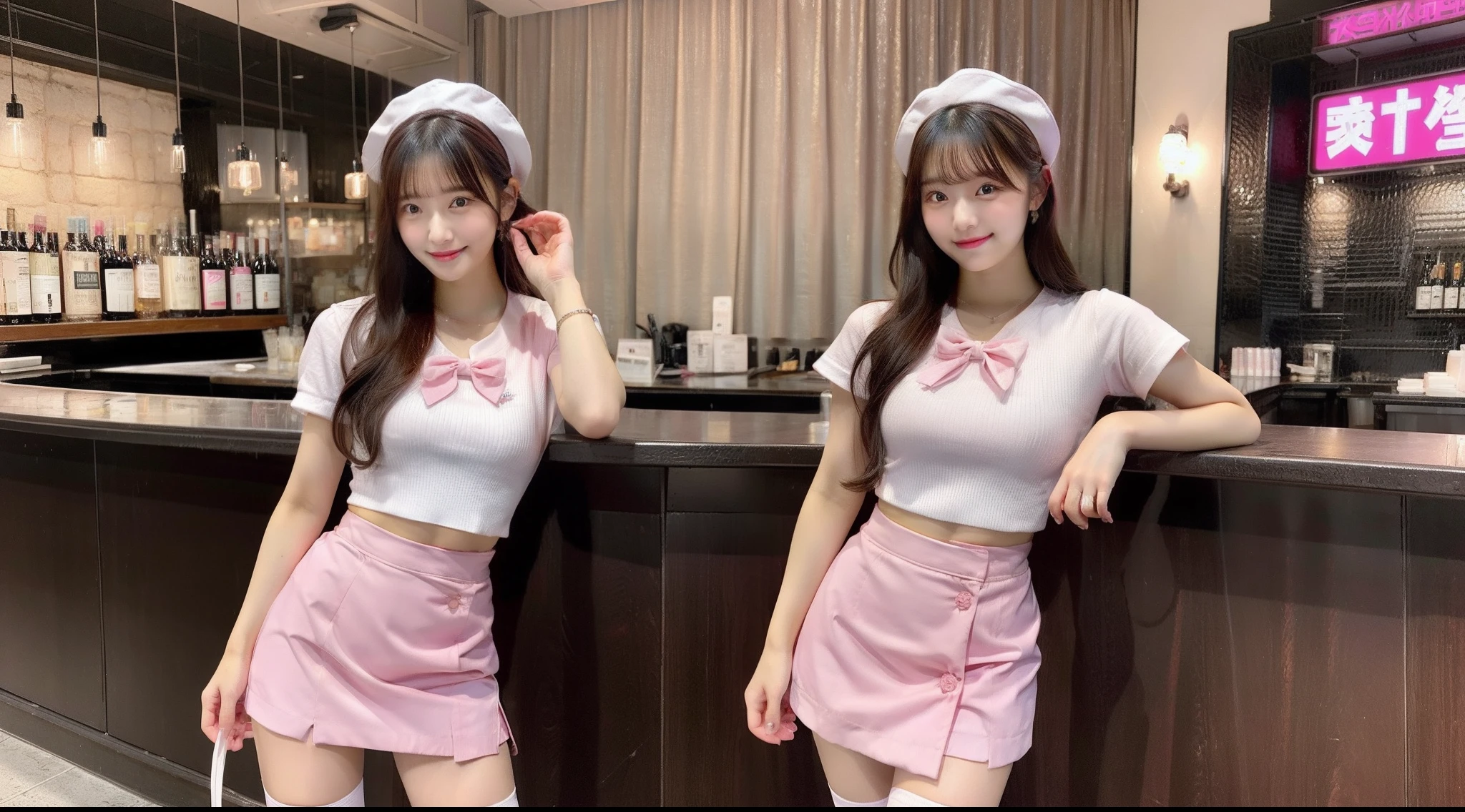20-year-old waitress in a pink miniskirt