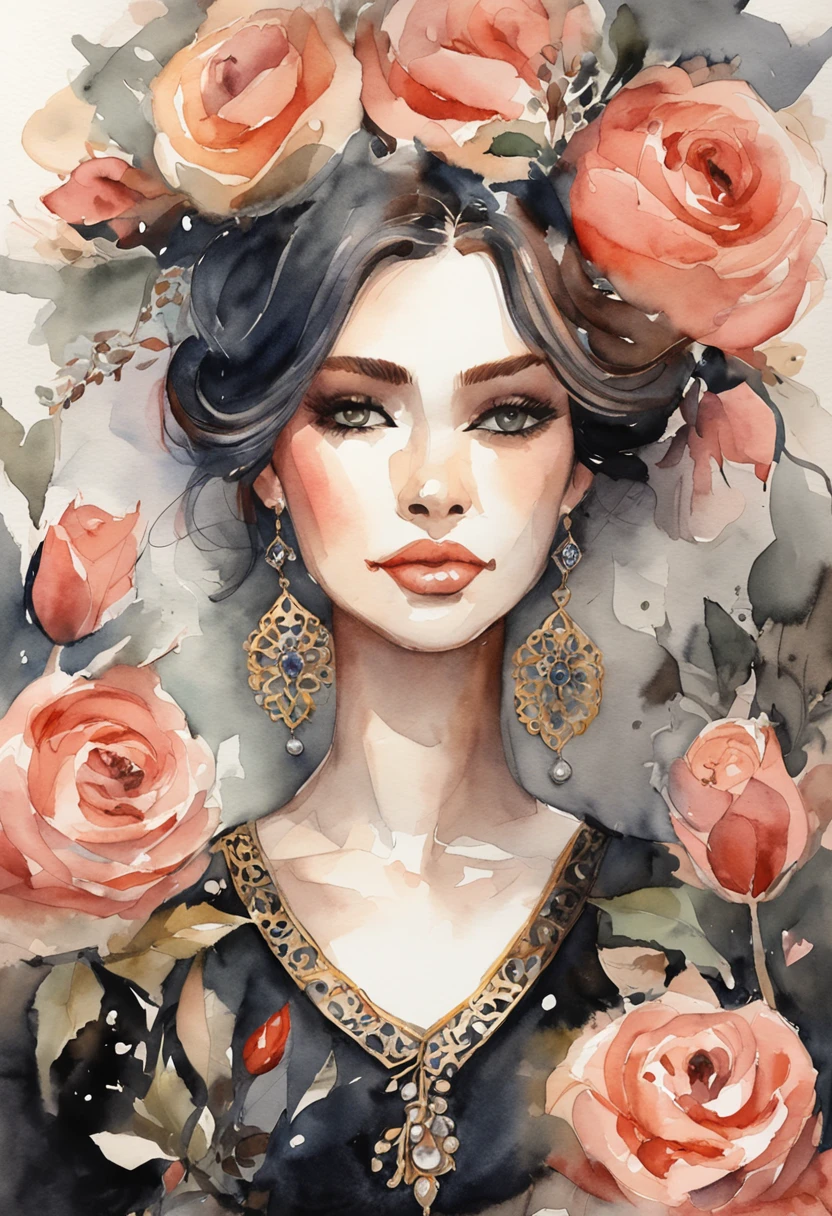 Reina Oscura, en traje negro vestido, rosas oscuras, lujoso