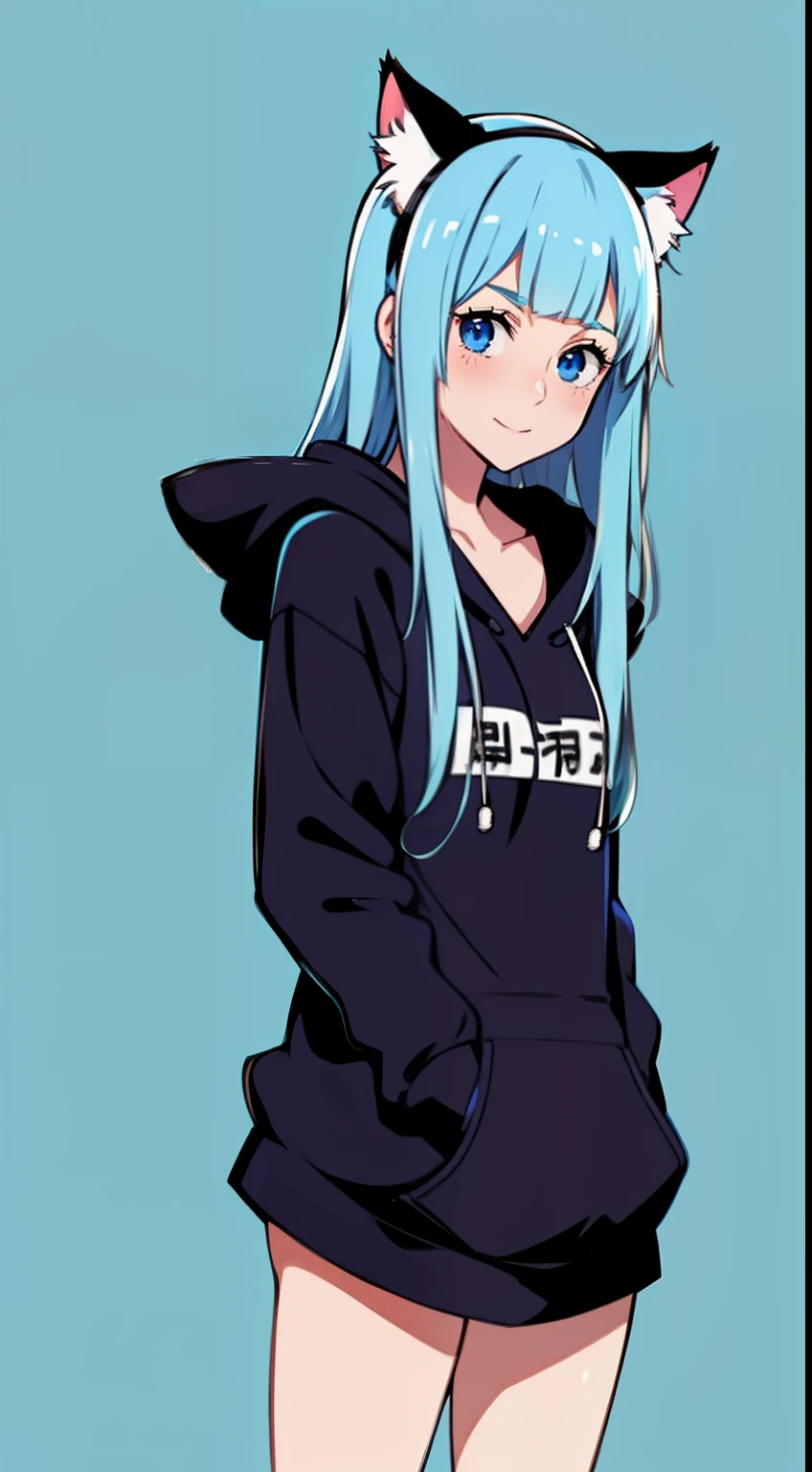 masterpiece, best quality, 1girl, fun, funny, perfect face, expressive eyes, cute, smiling,happy, mischevious, blue eyes, modern, beautiful cothes,black hoodie, hoodie,cat eas hoodie, cat ears, BREAK miwakasumi, light_blue_hair, blunt bangs, long hair, cozy, peaceful, standing,night, warm, no pants, tug, hoodie tug, solo, alone, wallpaper, gorgeous, cute girl, simplistic, minimalistic, sensual