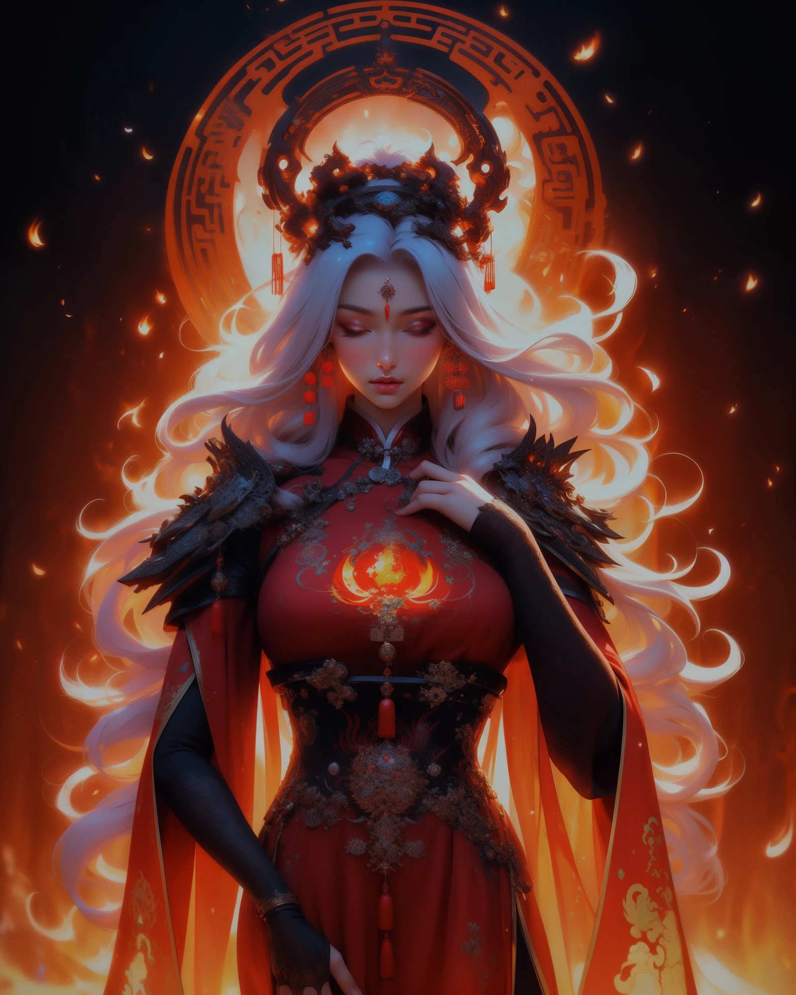 "(White background，1girl with closed eyes，Long colorful hair) ，(Oriental fire elements) , (The halo)，(Fire Magic),  (Fiery Background),  (Chinese illustration:1.3)，(Reasonable design，Clear lines，High sharpness，Best quality，The is very detailed，Masterpiece grade，movie light effect，4K)"