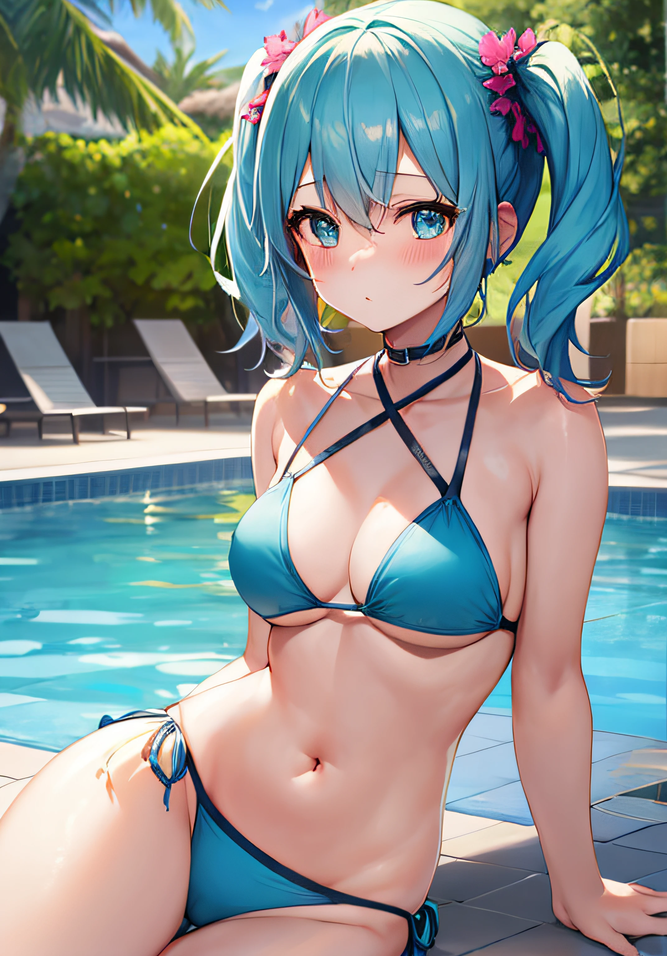 ​masterpiece、Top image quality、超A high resolution、nsfw、miku hatsune、blue hairs、Twin-tailed、Short hair、Blushing、Embarrassing appearance、Light blue string bikini、Borderline string bikini、in poolside、resort hotel