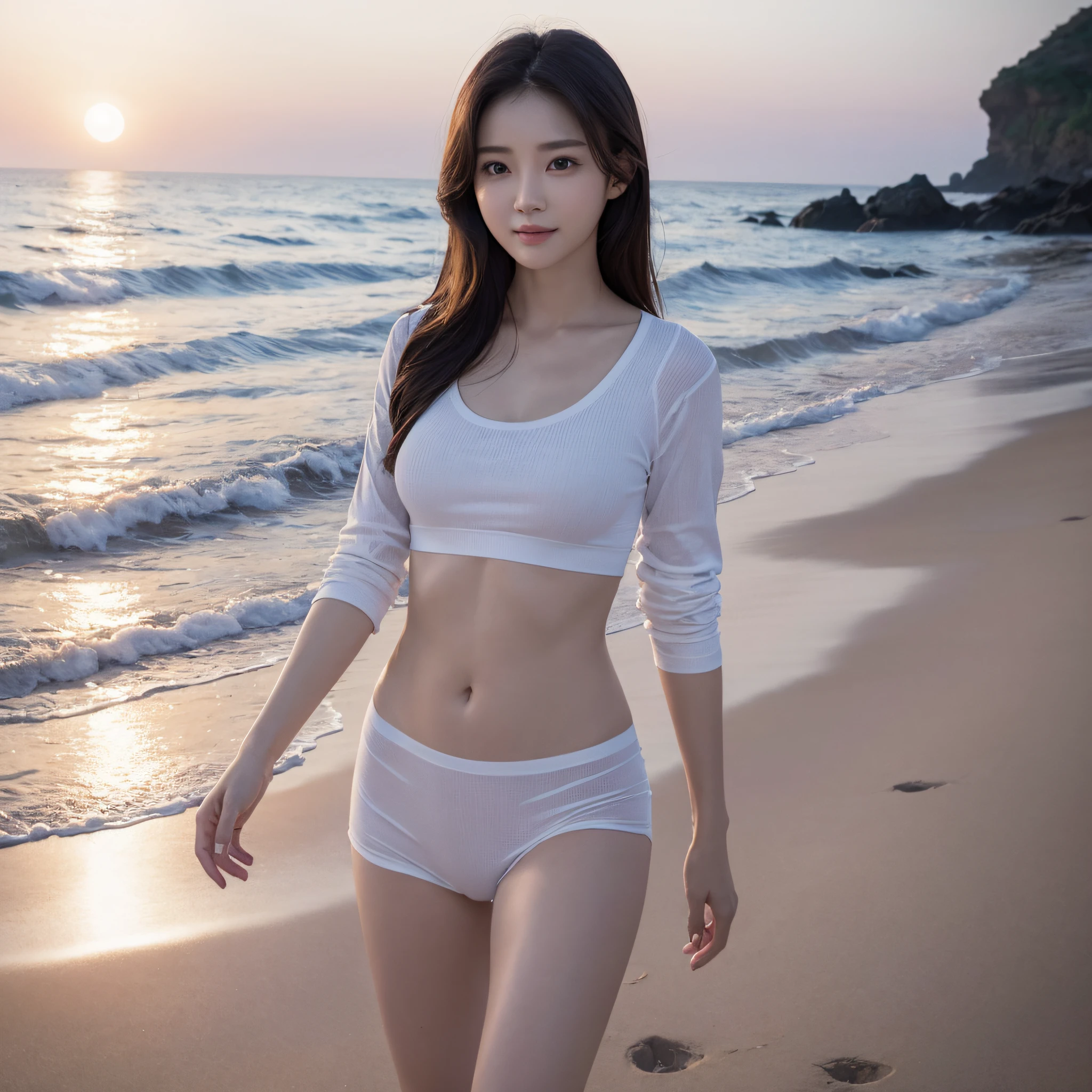 One lady、((best qualtiy、8k masterpieces:1.3))、foco nítido:1.2、(ultra beautiful faces:1.0)、(shinny skin:1.0)、photos realistic、A dark-haired、Video Lighting、High-definition eyes and face、Video Lighting、(Korean Cute Actress)、from the front side、medium breasts、Smile、Slender Abs Beauty、Whole body、wearing t-shirts、On the beach at night