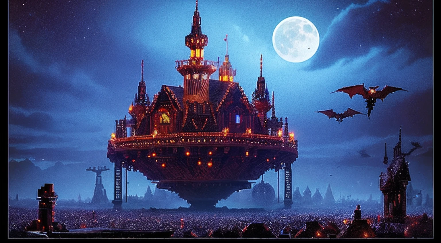 pixel game,scenography,fantastical scenes,Bloody moonlit night,Red Moon,Vampires,the bats,levitating, Pixel art #pixelart