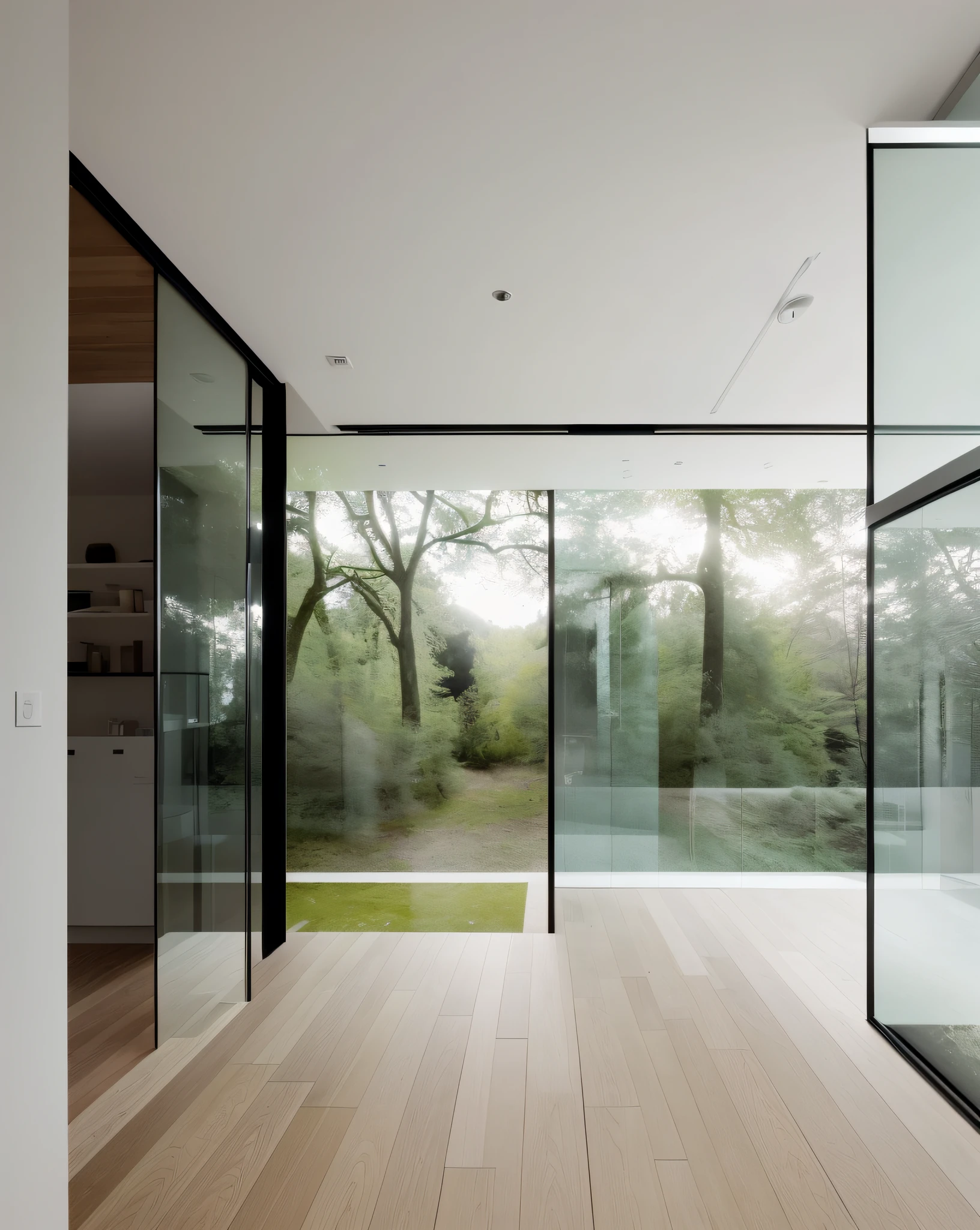 View from bathroom with large windows and benches, Clear glass wall, minimalistic house in the wood, ceiling to floor windows, big glass window, inspired by David Chipperfield, floor to ceiling window, open wall architecture, glass wall, inspired by Richard Wilson, Inspired by Peter Bumthor, minimalistic and beautiful, Modern minimalist, glass wall