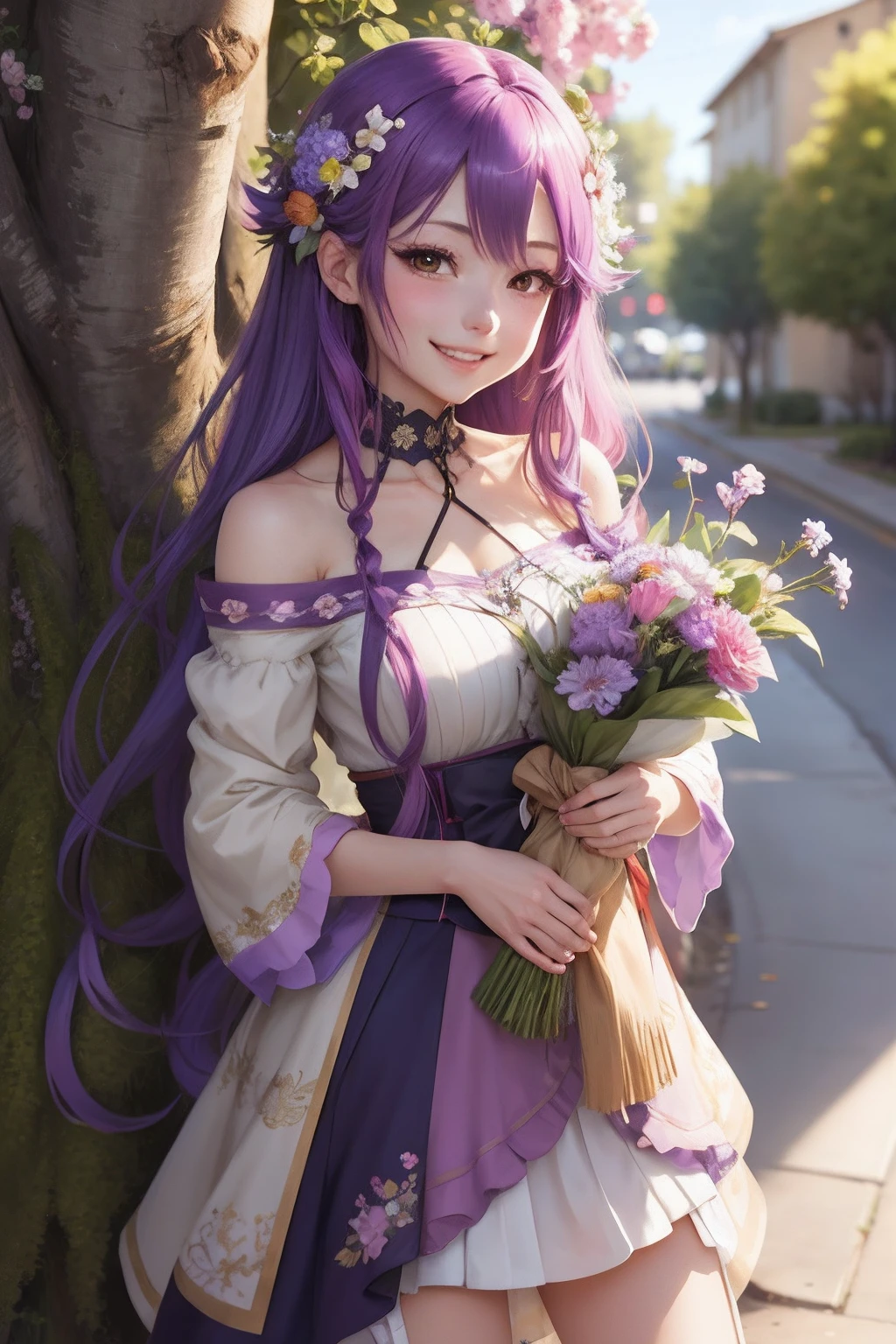 anime girl with long purple hair holding flowers in front of a tree, beautiful anime girl, beautiful anime artwork, anime art wallpaper 4 k, anime art wallpaper 4k, anime art wallpaper 8 k, anime style 4 k, beautiful anime art, beautiful anime, beautiful anime portrait, guweiz on pixiv artstation, cute anime waifu in a nice dress, smiling, laughing, happy