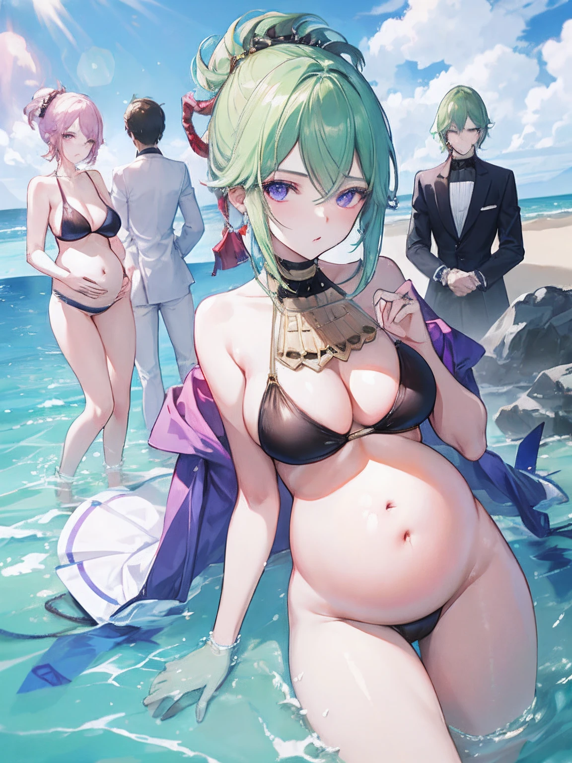 tmasterpiece，best qualtiy，Two men and two women, One of the women became pregnant，Four people stared at the pregnant woman's stomach with side lights，lens flare glow，Ray traching，Sharp focus，Wearing a bikini，Large breasts