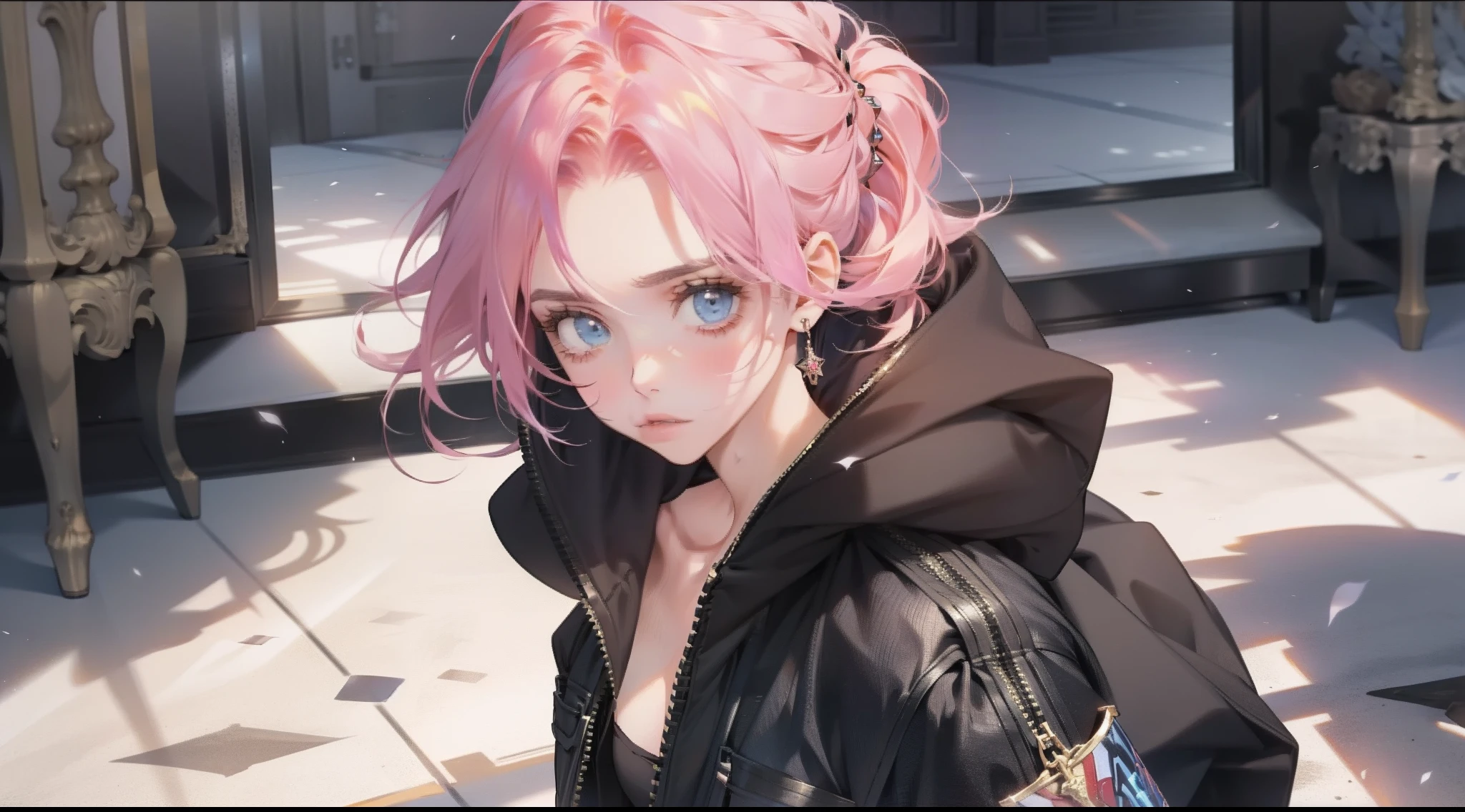 {{{{ masterpiece }}}},{{{{ 4K }}}},{{{{ badass anime 8 k }}}}, {{{{{{{{ girl Highlighted Faux-Hawk hair }}}}}}}}, {{{{{{{{ black hoodie oversize }}}}}}}}, (( short jean ))