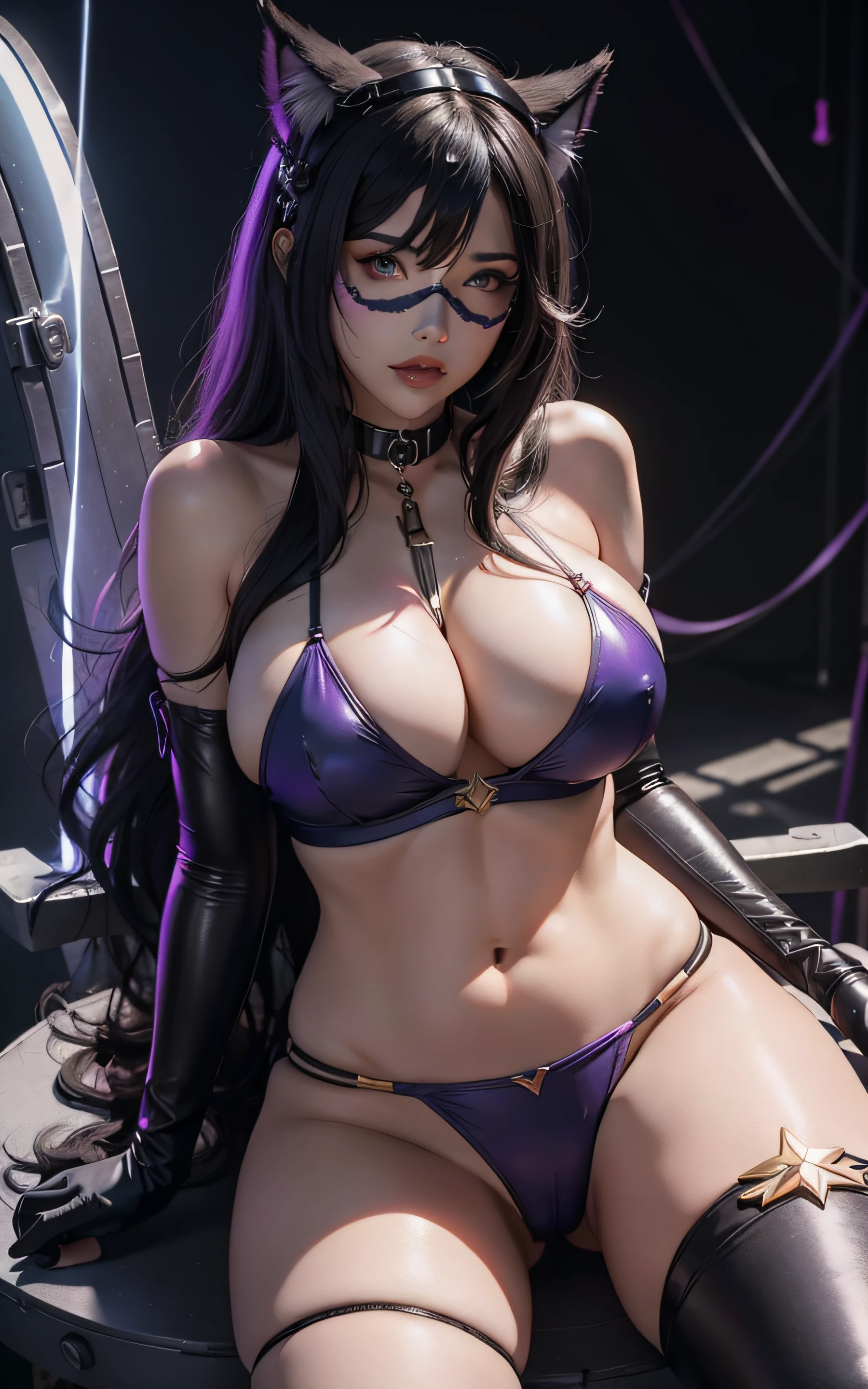 1 girl, Beautiful photorealistic Prestige KDA all out Ahri from League of Legends blushing, string bikini armor, Shibari, blindfold, electric chair, major cleavage, breast indentation, Ahri inside a Runeterra prison, slave collar, chain around her neck, roleplay bdsm, high fantasy, gravure, lewd, busty, highly detailed, 8k, high resolution, solo, big juicy lips, thick juicy thighs, makeup, large shiny breasts, gloves, looking at viewer, photorealistic, Cinema 4D, octane render, innovative, sexy, curvy but slender, mystical aura, smokey mist around Ahri, illuminati style, use advanced machine learning to create the perfect succubus waifu Ahri alone sitting in an electric chair, exposed camel toe, vice magazine photography style, trending on Pixiv, trending on civitai, perfect composition, sfw, professional quality, unreal engine