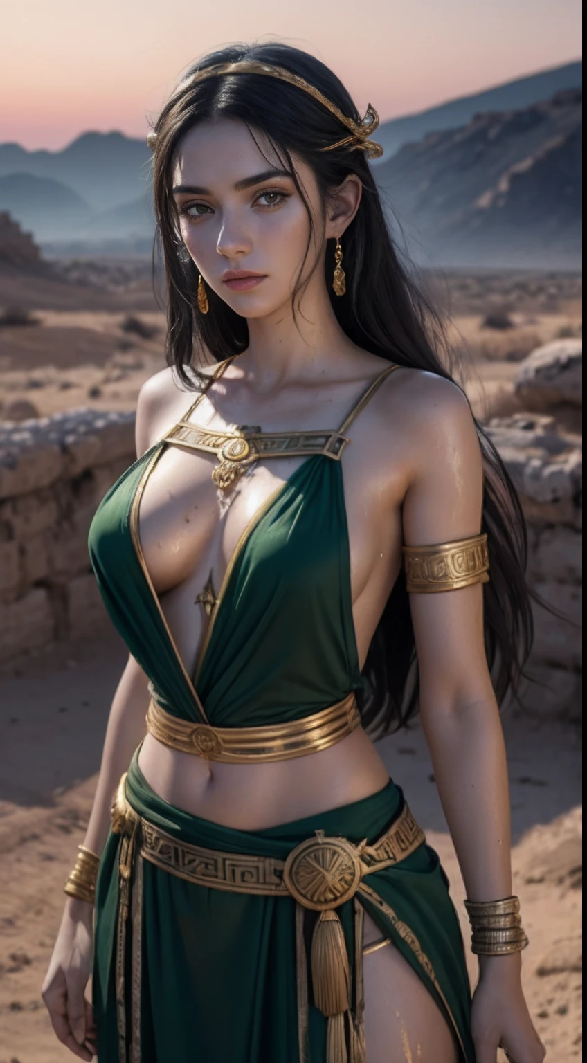 (A beautiful 25 years old female Greek maiden:1.2), (long black hair:0.9), (pale skin), (detailed oily and sweaty skin:1.2), (serious face), (wearing green colored revealing Greek maiden outfit with golden ornate), (waist up shot:1.2), (desolate desert at night:1.1), view from front, dynamic pose, (chiaroscuro lighting:0.8), photo realism, intricate face detail, intricate hand details, highly detailed, vibrant colors, cinematic, 8k, trending on Artstation--style raw