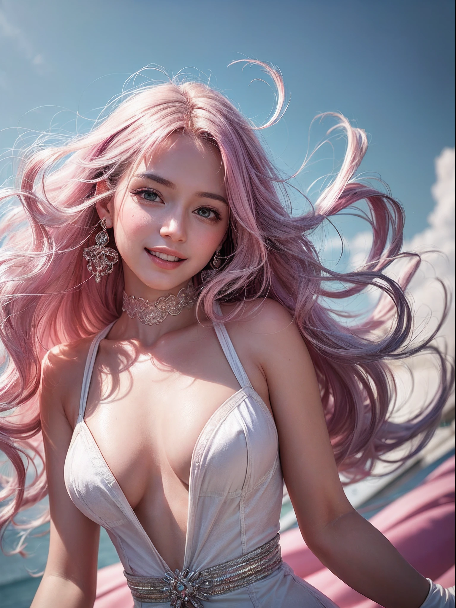 (masterpiece,realistic, best quality:1.4), excited girl, 1girl, she is pointing out a person to the right hand side, wavy medium pink hair, floating hair by wind blow, solo, white gloves, gloves, white teeth smile, looking at someone, medium breasts, pink hair, jewelry, long hair, detailed face and eyes, delicate and beautiful,