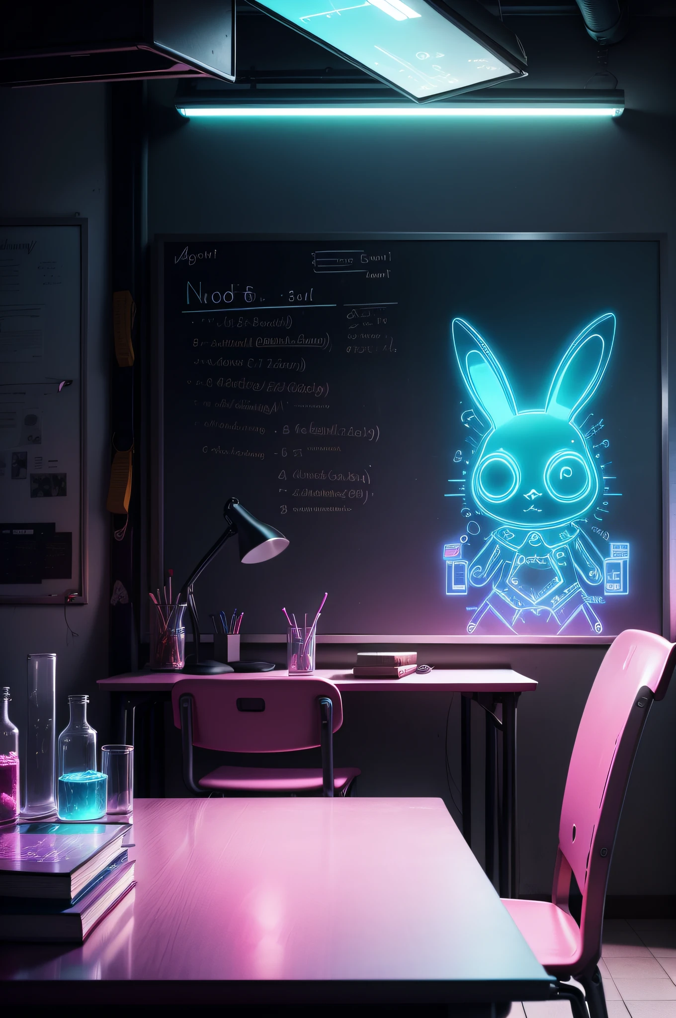 ( night ) school interior ( table , chair , whiteboard, book, monitor, chemistry glass ) , little bunny art on whiteboard , cyberpunk pink and blue neon light.