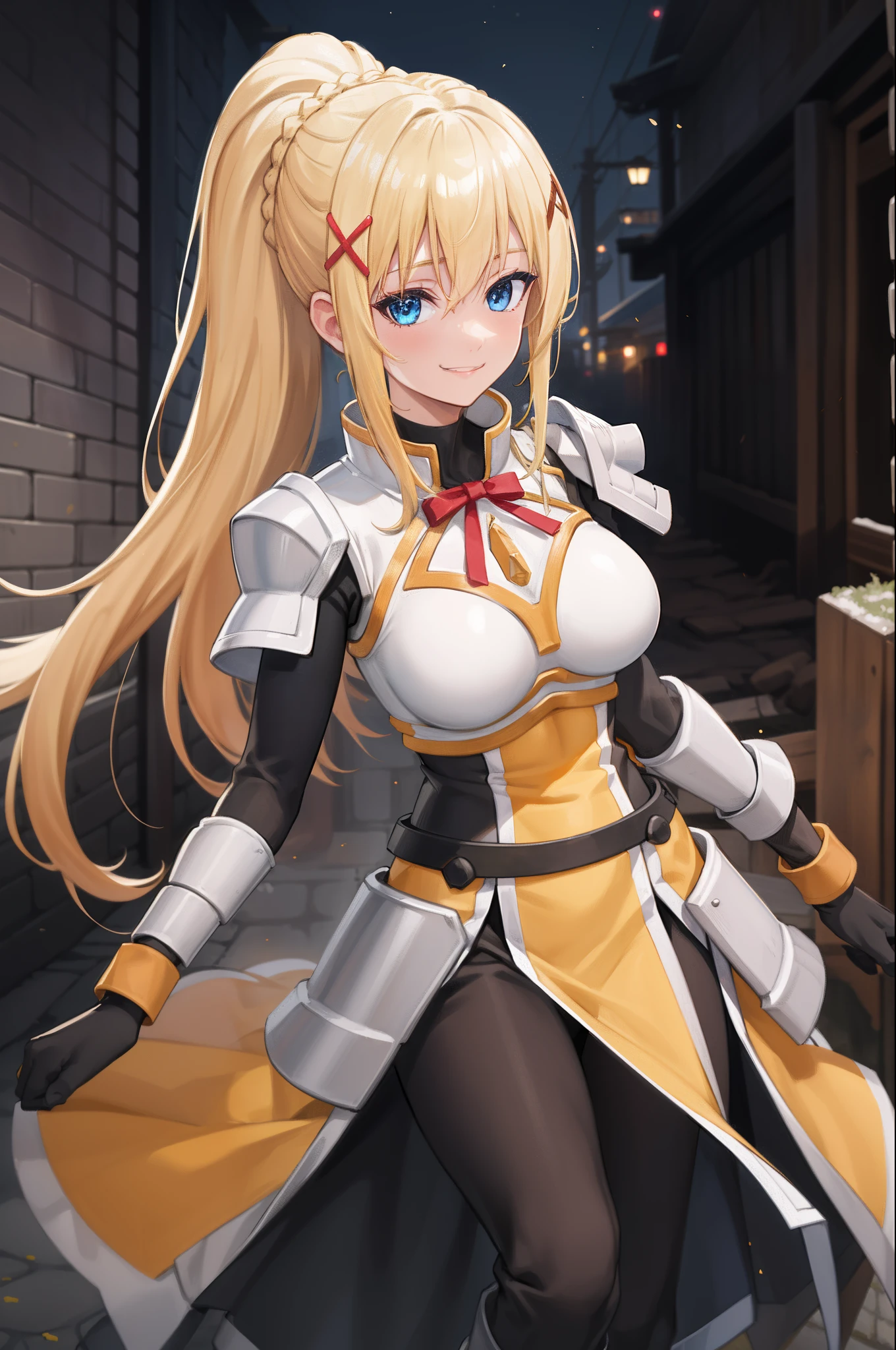 best quality, highres, 1girl, long hair, blonde hair, x hair ornament, armor, blue eyes, ponytail, hair ornament, gloves, shoulder armor, braid, black gloves, pauldrons, white boots, darkness \(konosuba\), ((large breasts)), cowboy shot, dark and lonely city alley , smile,