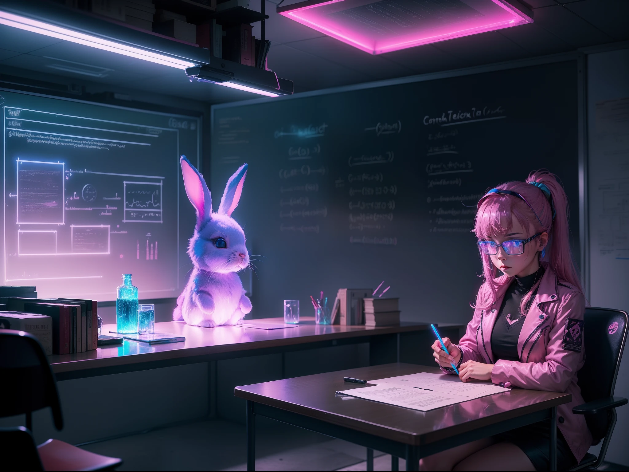 ( night ) school interior ( table , chair , whiteboard, book, monitor, chemistry glass ) , little bunny art on whiteboard , cyberpunk pink and blue neon light.