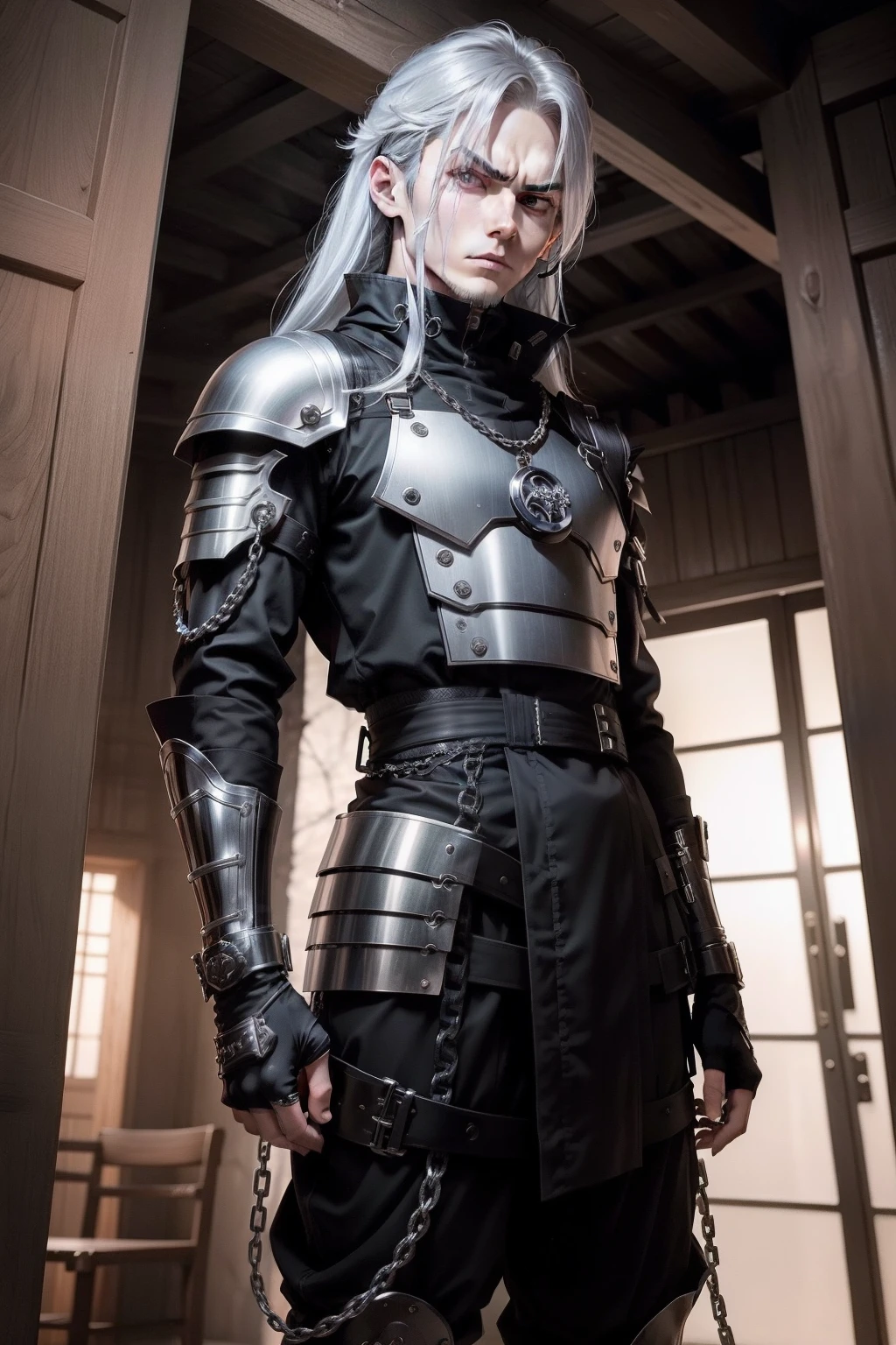 masutepiece、超A high resolution、Powerful images、8K、scene inside forest、eighteen--old Silver hair color、The tips of the hair are curled、Thin macho、Black ninja costume、chain mail、Niō Standing、Angry look、