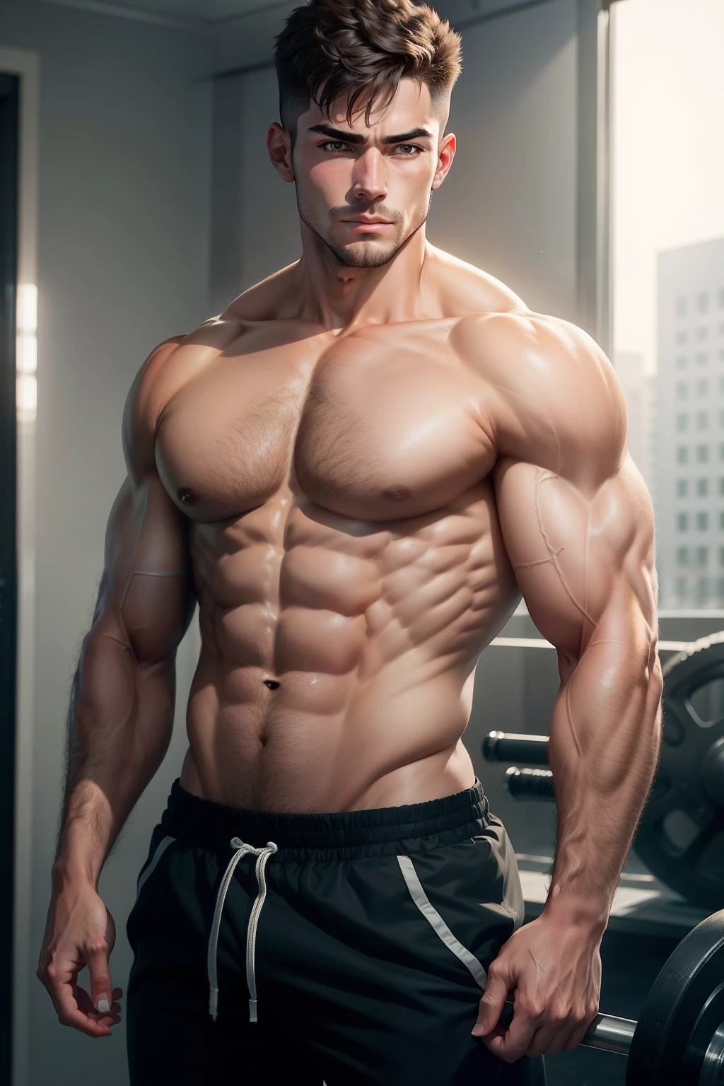 Abs,Strong man,Physical Education Student,cool guy,short detailed hair,Bare