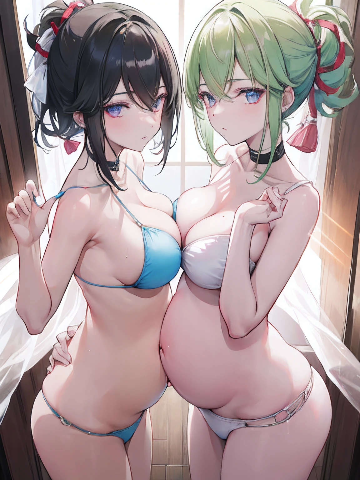 tmasterpiece,best qualtiy,Two men and two women, One of the women became pregnant,Four people stared at the pregnant woman's stomach with side lights,lens flare glow,Ray traching,Sharp focus,Wearing a bikini,Large breasts