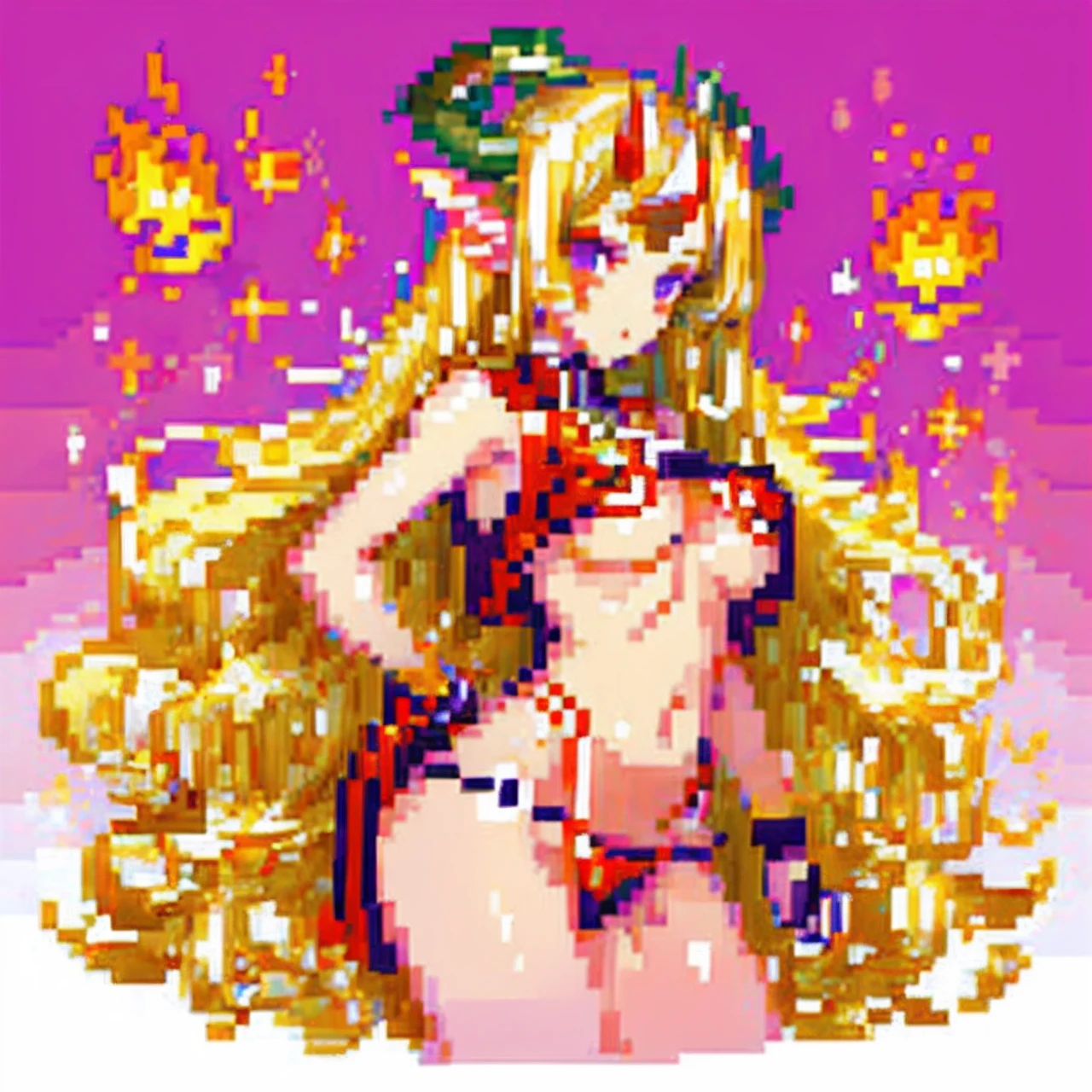 (masutepiece, of the highest quality, Best Quality, Official art, Beautiful and aesthetic:1.2), ighly detailed, 2 Sexy Devils, 1 girl, Large breasts, , (very long horns:1.6), flames all around, glowing body, Sexy, Colorful, cold light,boobs loli、demon girls、Lori、Pixel art、Pixel art、games、