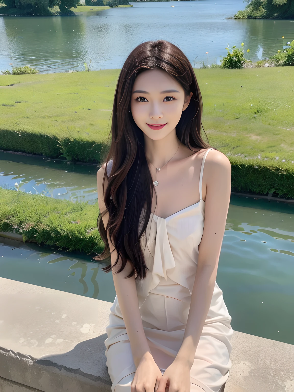 ，Masterpiece, Best quality，8K, 超高分辨率，(beautidful eyes:1.5)， ((Medium view，The upper part of the body:1.5))，Sunset，The gentle goddess sits on a green meadow，Smile at the lake。Her hand brushed the surface of the water，The ripples followed。She spoke her mind，The lake seems to listen silently，And respond to her emotions with a breeze and warm touch。