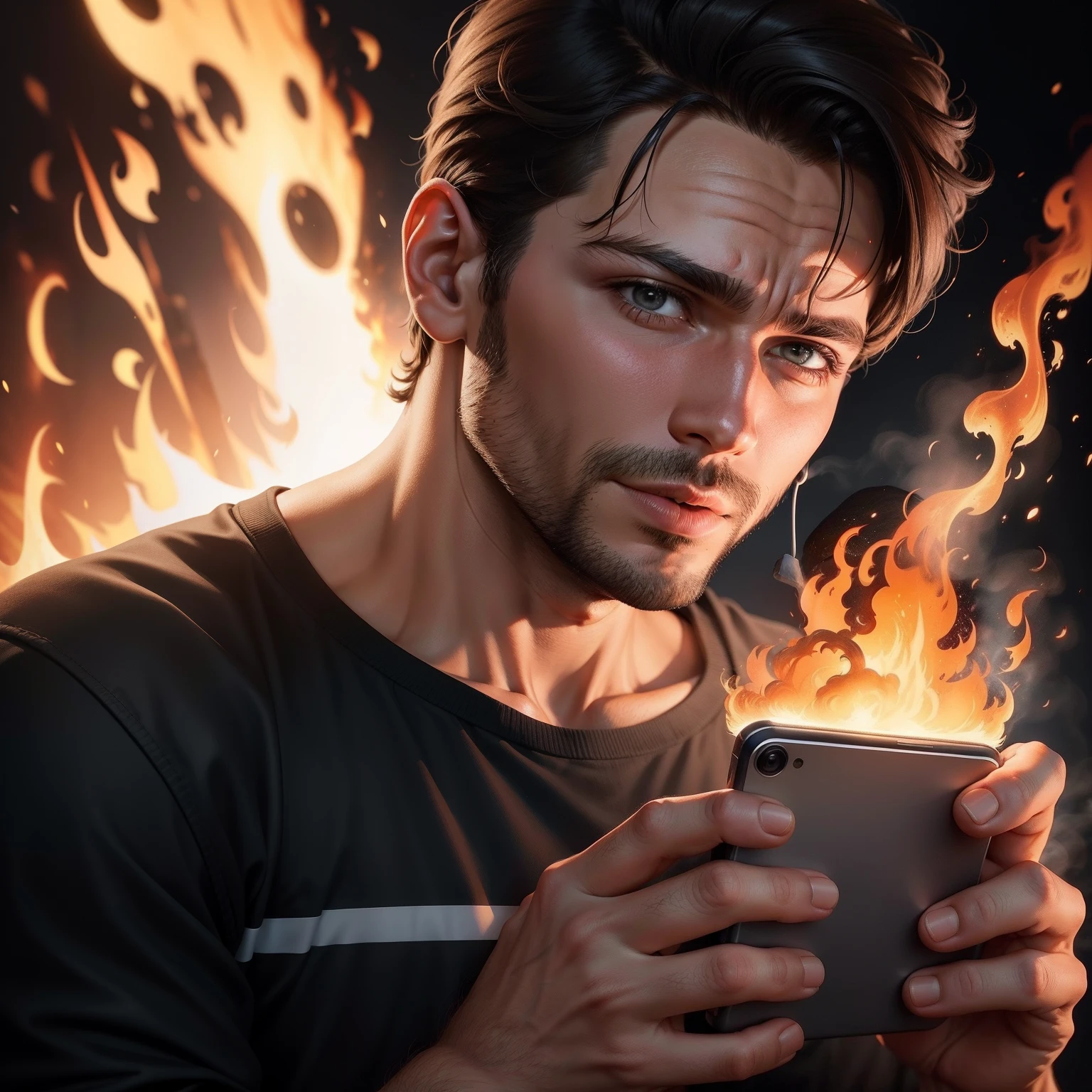 Homem de 30 anos segurando celular esquentando, (relevo pegando fogo)