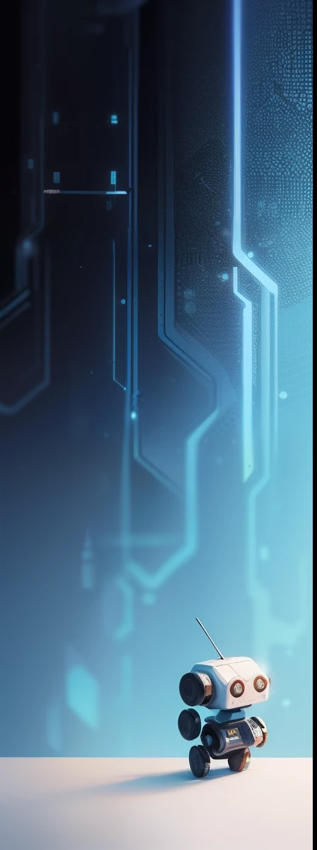 The future of technology is the backdrop,There is a very small robot in the upper corner "only one-fifteenth of the whole picture",The whole picture should be cute,This is a poster