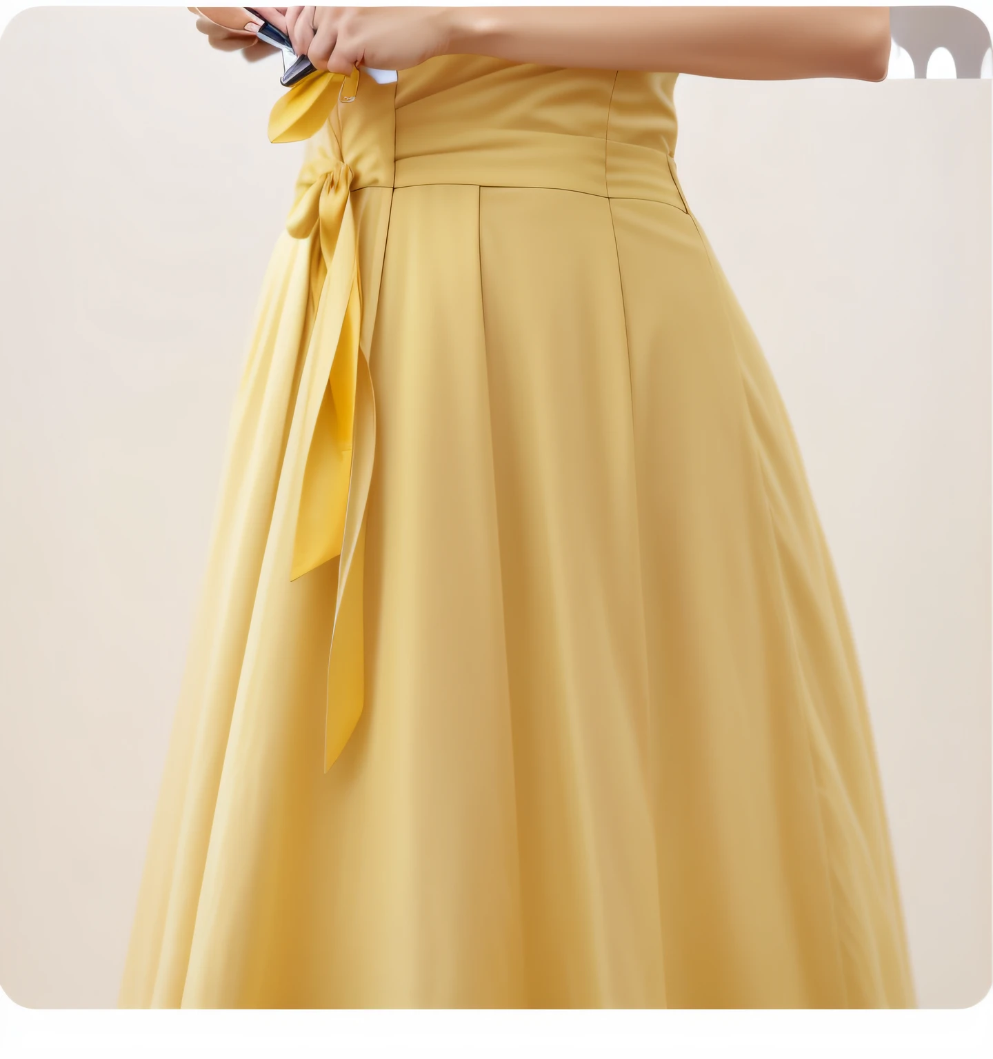 Close-up of a woman in a yellow dress holding a mobile phone, slight yellow hue, elegant yellow skin, Light yellow, lady using yellow dress, Wearing wheat yellow gauze, (((Yellow))), with a thin waist, soft silk dress, Wearing a yellow dress, yelow, yellow hue, Women's long skirt, glossy yellow, Golden dress, delicate detailing golden stroke