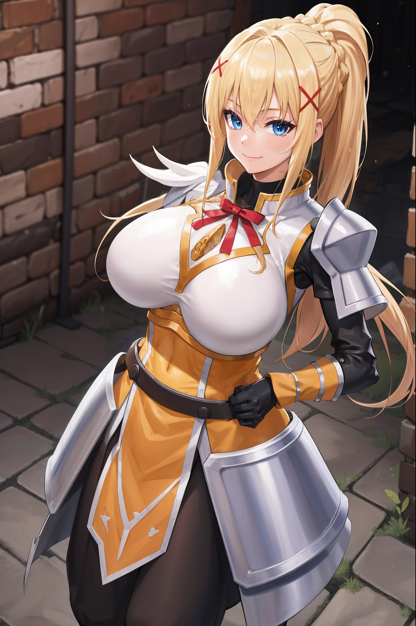 best quality, highres, 1girl, long hair, blonde hair, x hair ornament, armor, blue eyes, ponytail, hair ornament, gloves, shoulder armor, braid, black gloves, pauldrons, white boots, darkness \(konosuba\), ((large breasts)), ((huge breasts)), cowboy shot, dark and lonely city alley , smile,