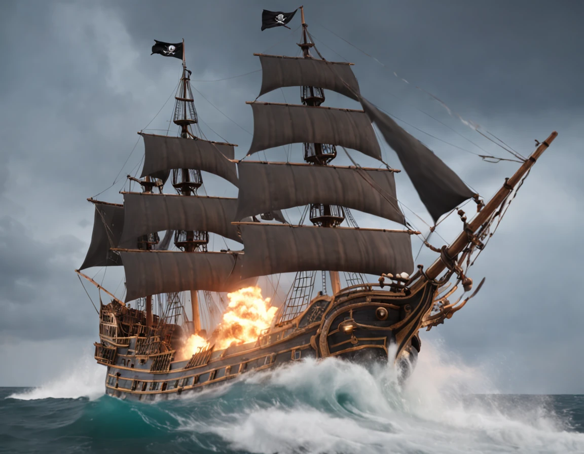 Pirate ship attacking merchant ship (time) (1718), cannon fire, fiery explosions, smoke filled sky, sinking ship, pirates on deck, thunderstorm, lightening striking ocean, big waves, whale jumping out of water, (highly detailed:1.3) extreme detail, volumetric God rays, realistic, 8k resolution, vibrant colors. wide screen resolution
