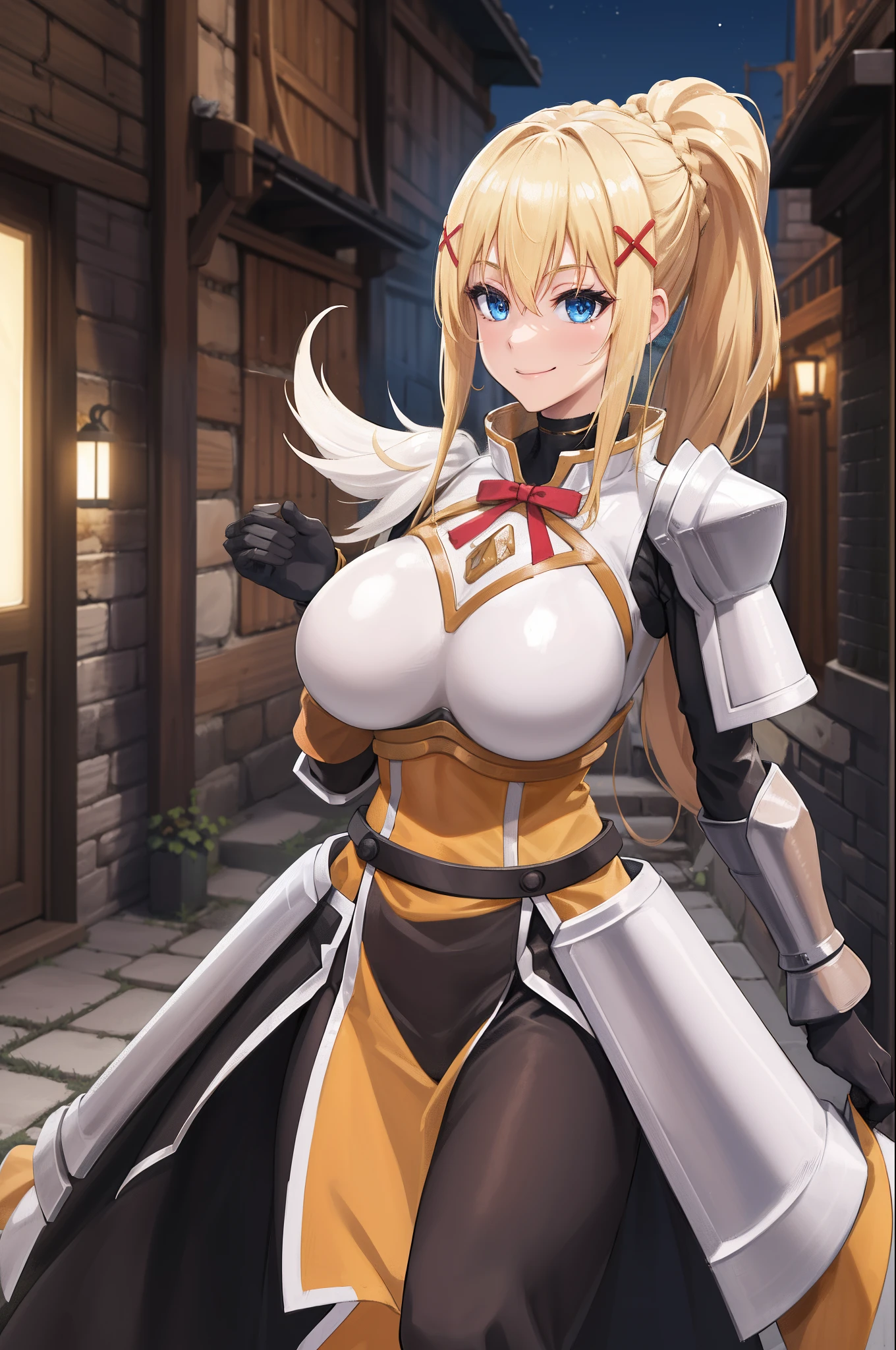 best quality, highres, 1girl, long hair, blonde hair, x hair ornament, armor, blue eyes, ponytail, hair ornament, gloves, shoulder armor, braid, black gloves, pauldrons, white boots, darkness \(konosuba\), ((large breasts)), ((huge breasts)), cowboy shot, dark and lonely city alley , smile,