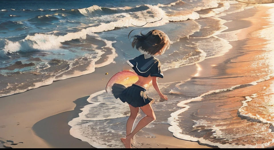 schoolgirls，short detailed hair，whaite hair，largeeyes，The bikini，Sea beach，evening glow，full-body view