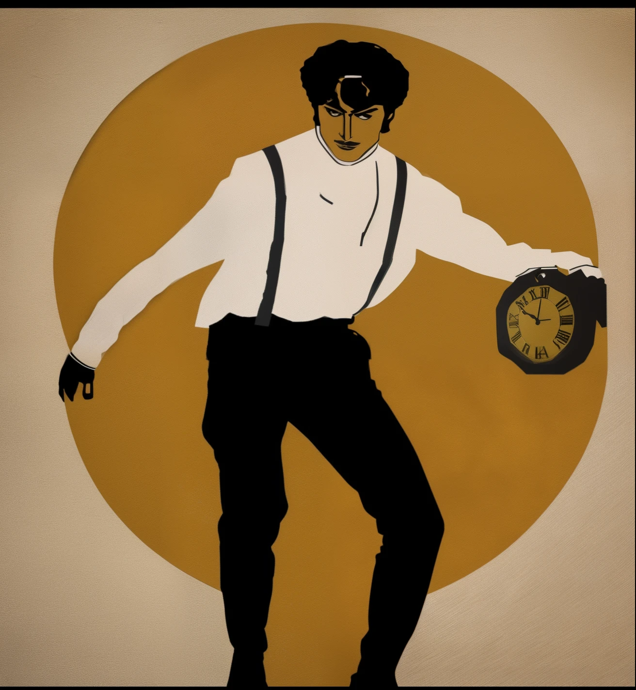 Image of Araved of a man holding a clock in his hand, he is dancing, rotoscoped, Charlie Chaplin dances, Hitler played basketball, look like someone is dancing, Michael Jackson Moon Dance, stylized silhouette, rotoscoping, 2 d render, drawn in microsoft paint, harry volk clip art style, computer - generated, 2 d, 2D