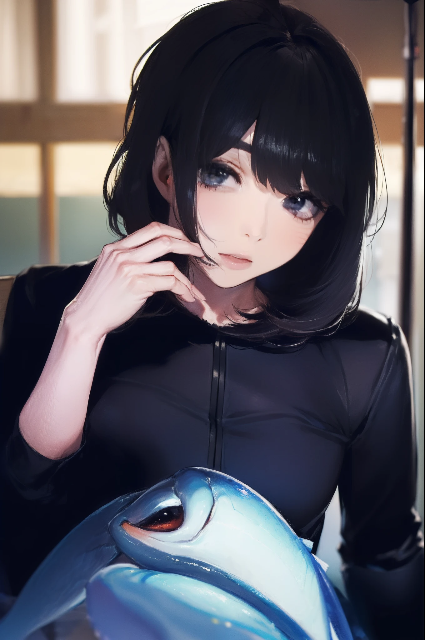 ((((catching a big fish by the lakeside:1.5)))),((Female 28 years old)),((Best Quality:1.5)),(((Hands with the correct number and structure of fingers:1.4))),((Big fish:1.37)),hight resolution,ultra-detailliert,​masterpiece,best qualtiy,(Eight-headed body),Black hair, long eyes-lashes, Solid Circle Eyes, drop shadow, Atmospheric perspective,Super Detail, ccurate, small brest,(Black jacket and black jeans :1.1),top-quality, blurry backround, bokeh dof:1.2, (​masterpiece:1.3),  Atmospheric perspective,Super Detail,dynamic compositions,