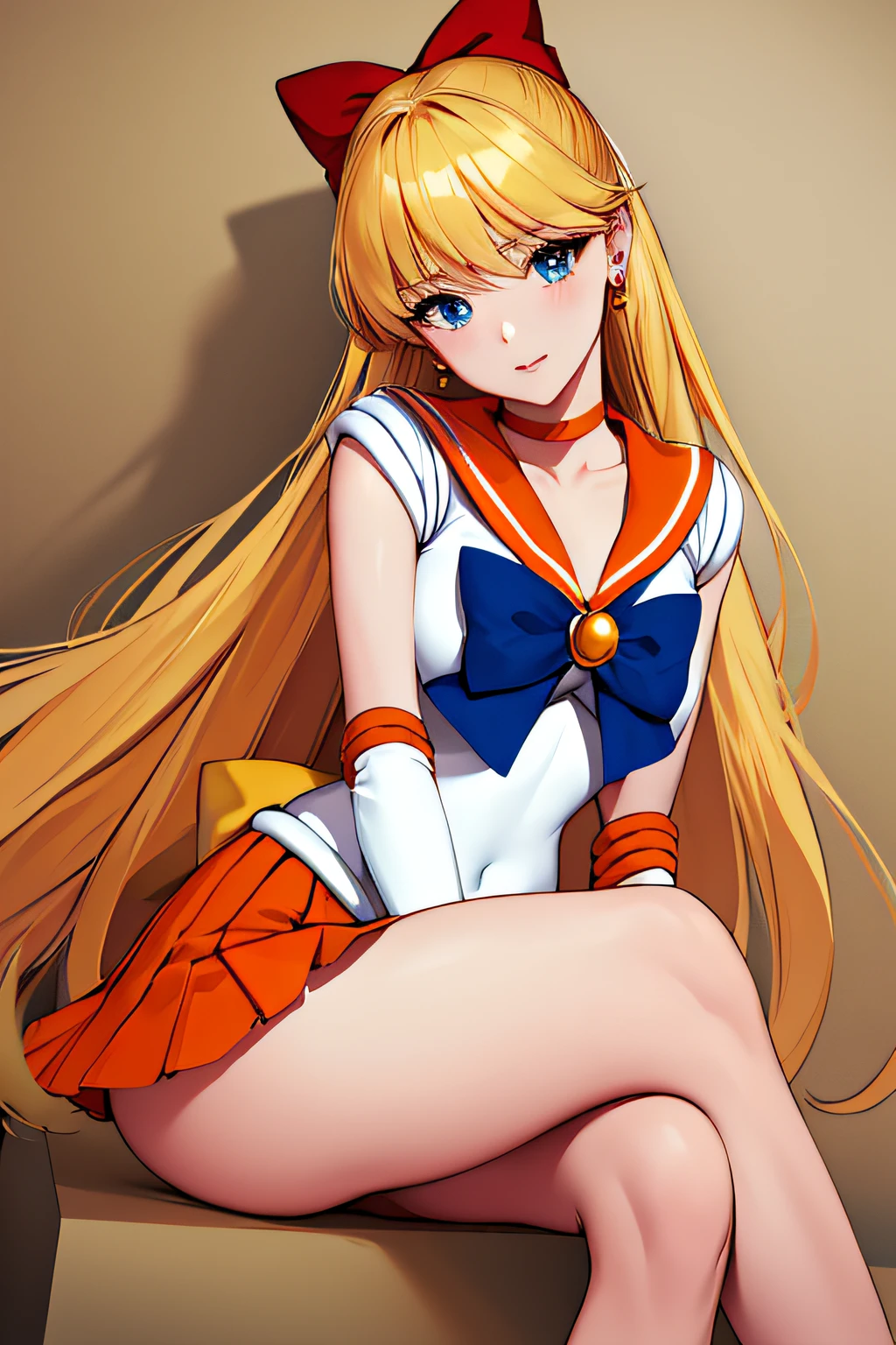 masterpiece, best quality, highres, venus1, 1girl, solo, sailor senshi uniform, sailor venus, aino minako, blonde hair, magical girl, blue eyes, orange skirt, elbow gloves, tiara, pleated skirt, hair bow, orange sailor collar, miniskirt, choker, red bow, orange choker, white gloves, very long hair,  jewelry,  earrings, sitting, crossed legs,