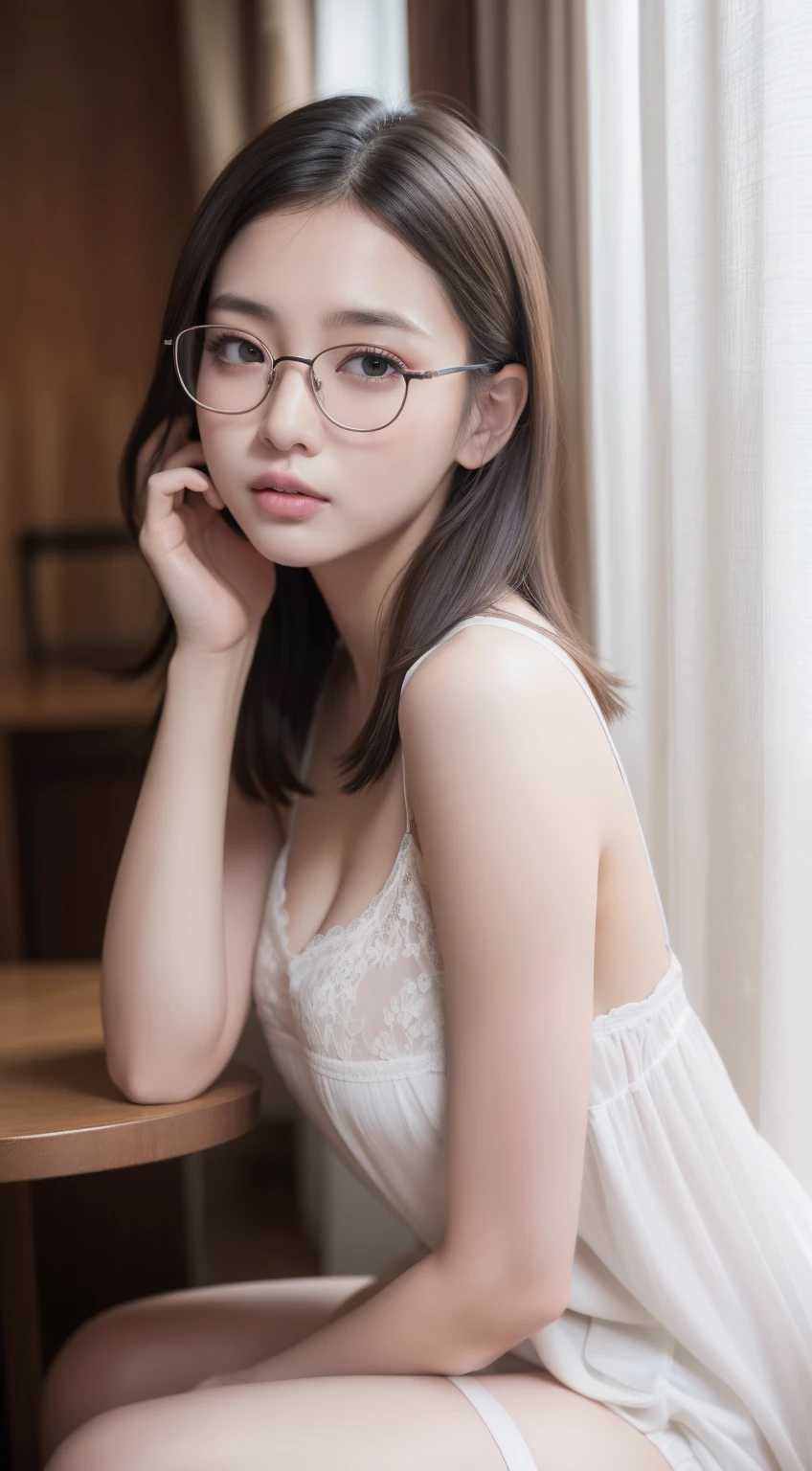 masterpiece、8K、Raw photography、(reallistic:1.4)、High-definition mouth、The eyes are high definition、Shiny skin、big eye、Round face,Double eyes、Puffy eyes、Medium-breasted women, (Bob Hair:1.4)、Long、half-opened mouth、Provocative facial expressions、One lady、25-years old, selfee、sad Facial expression、Bold and obscene poses、huge window、sitting on、Hands behind the head、The upper part of the body、Woman with glasses、Lace curtains blowing in the wind、Woman in white tank top、Rough clothing、film grains、Movie Light、