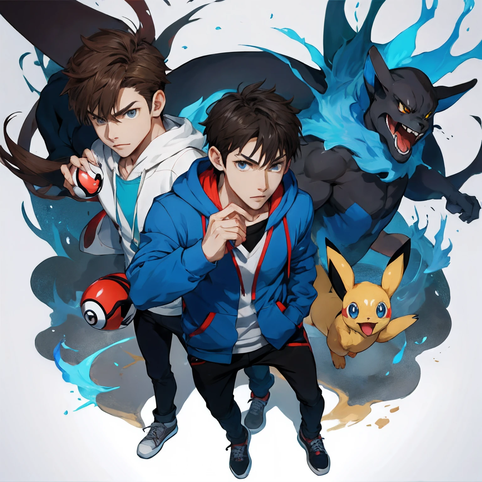 Pokemon Trainer, hall of judgement background, male, holding Pokeball. Anime-style pokemon-style, dark brown-hair, blank expression, blue hoodie