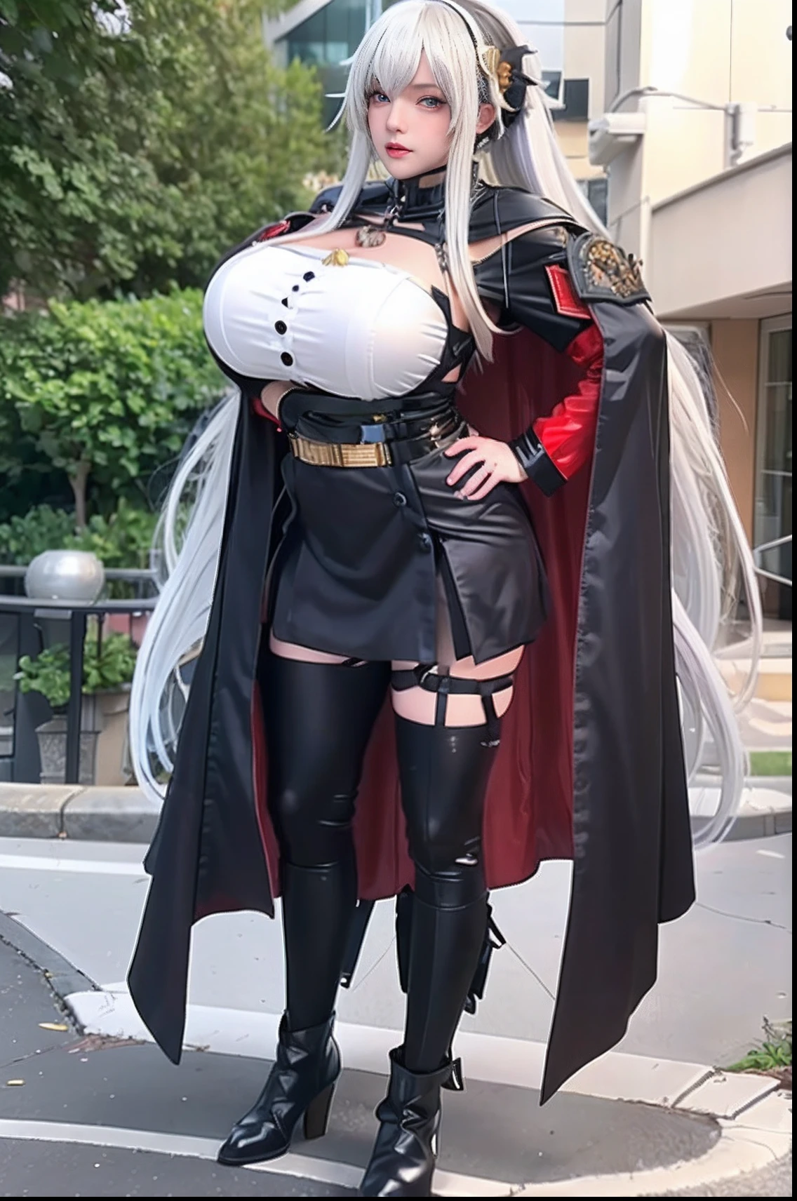 1 girl, Wednesday Addams, gothgirl,wet body, fitnes , white hair, cat ears,white bra, cemetery background, big ass, huge breasts,((full body))) (((sexy pose, model pose, standing pose))),(black makeup), black lipstick,(hyper ass:1.2),(tight stockings:1.6)