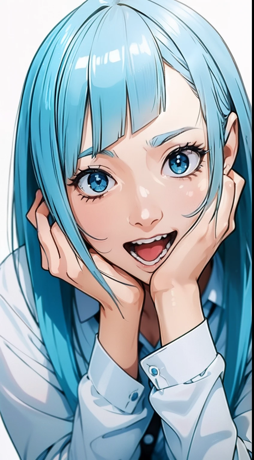 1girl propping head in hand, white background, blunt bangs, light_blue_hair, perfect face, expressive eyes, cute miwakasumi, arms down, front view, whit shirt, face focus, cowboy shot,mouth open, laugh, digital art, anime style, long hair, happy, funny,fun, joke, mischievous, happyness