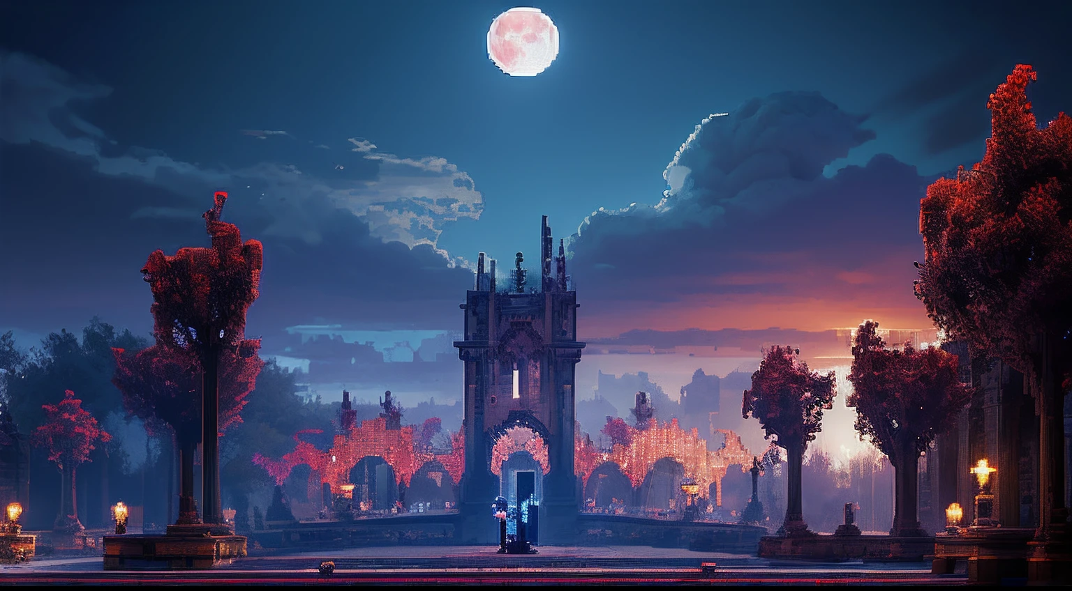 pixel game，scenography，fantastical scenes，Bloody moonlit night，Red Moon，Vampires，the bats，levitating， Pixel art #pixelart