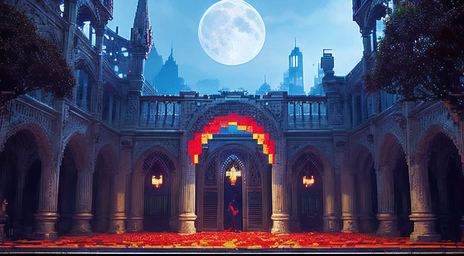 pixel game,scenography,fantastical scenes,Bloody moonlit night,Red Moon,Vampires,the bats,levitating, Pixel art #pixelart