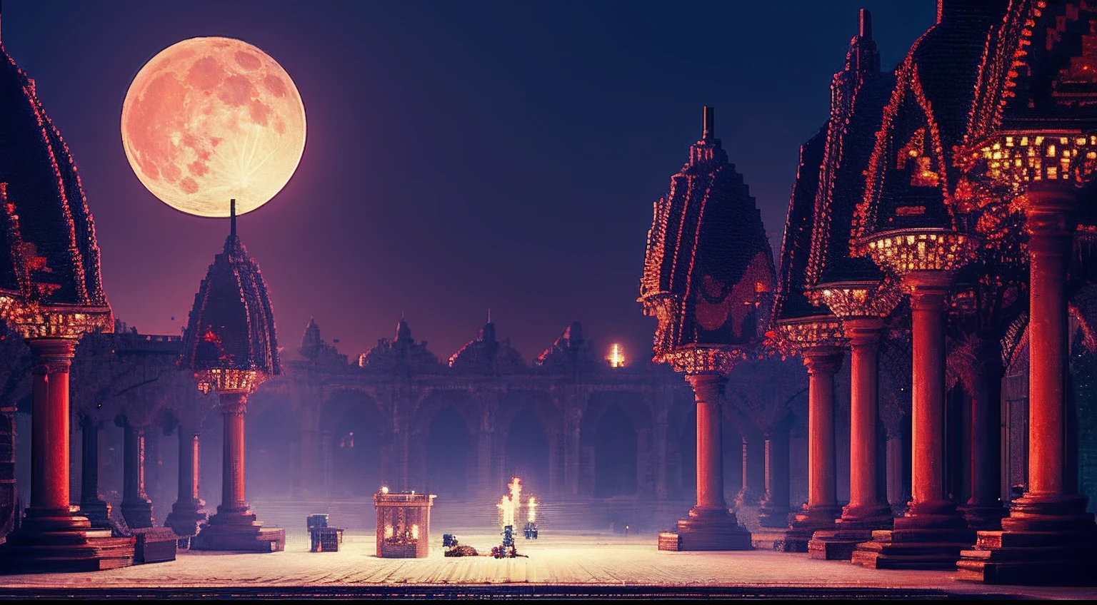 pixel game，scenography，fantastical scenes，Bloody moonlit night，Red Moon，Vampires，the bats，levitating， Pixel art #pixelart