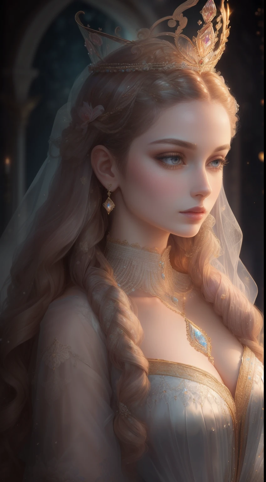 tmasterpiece，Highest high resolution，A bust of a beautiful royal maiden，Delicate braided hair，Coiled hair，Shining clear eyes，The hair is covered with beautiful and delicate floral craftsmanship, crystal、Diamond jewelry filigree，Ultra-detailed details，upscaled，softlighting。Pastel, Dreamy, Whimsical, Delicate, Gorgeous golden shell crown, Epic surrealism, The upper part of the body，Meticulous, Magnificent, max details, extremely hyper aesthetic，upscaled