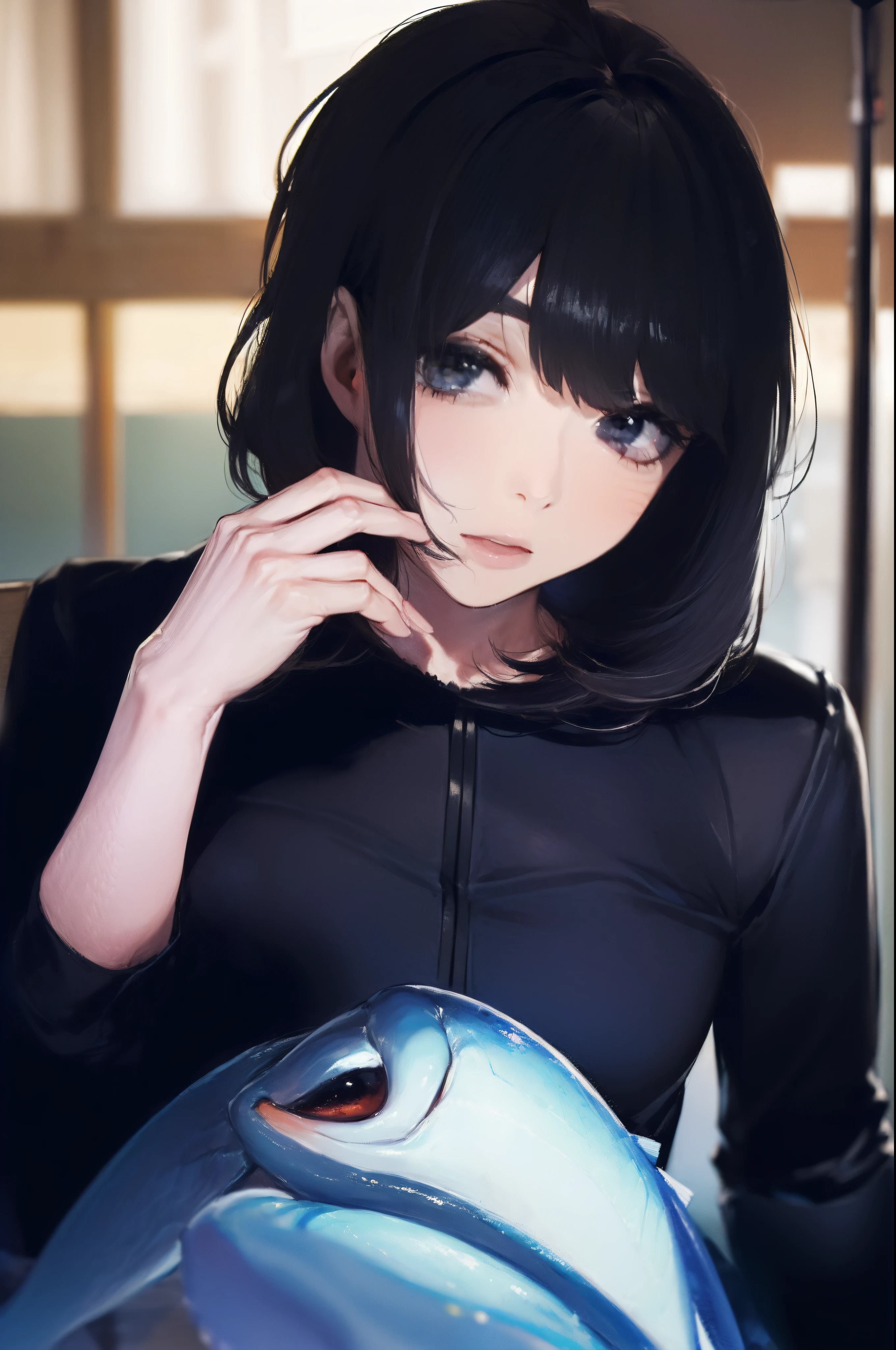 ((((catching a big fish by the lakeside:1.5)))),((Female 28 years old)),((Best Quality:1.5)),(((Hands with the correct number and structure of fingers:1.4))),((Big fish:1.37)),hight resolution,ultra-detailliert,masterpiece,best qualtiy,(Eight-headed body),Black hair, long eyes-lashes, Solid Circle Eyes, drop shadow, Atmospheric perspective,Super Detail, ccurate, small brest,(Black jacket and black jeans :1.1),top-quality, blurry backround, bokeh dof:1.2, (masterpiece:1.3), Atmospheric perspective,Super Detail,dynamic compositions,