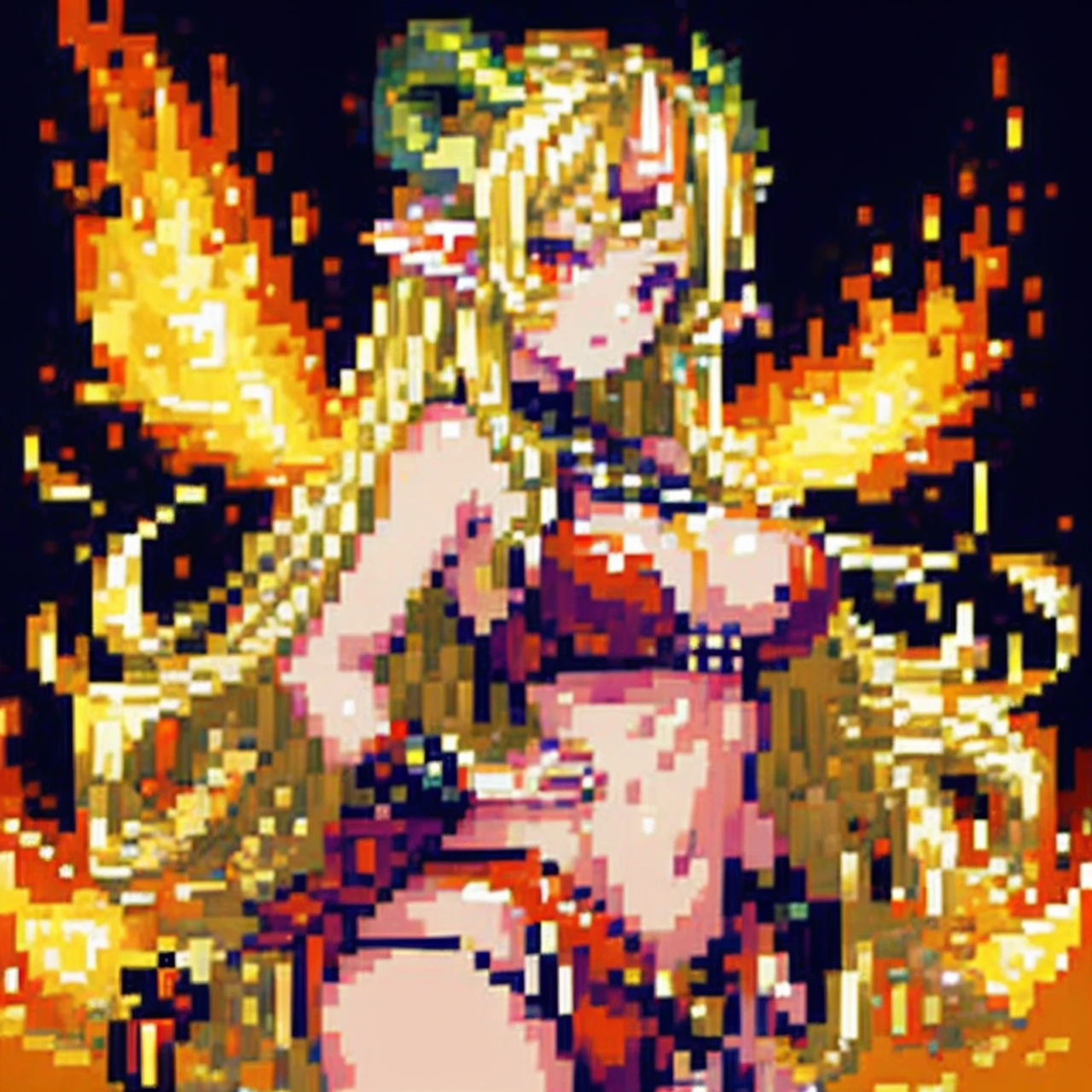 (masutepiece, of the highest quality, Best Quality, Official art, Beautiful and aesthetic:1.2),Sexy Devil, 1 girl, Large breasts, , (very long horns:1.6), flames all around, glowing body, Sexy, cold light,boobs 、demon girls、Lori、Pixel art、Pixel art、games、ruins、