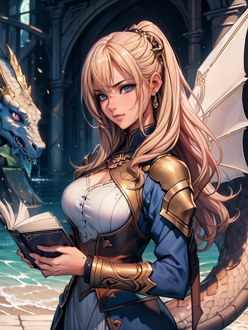 (Best quality), (Masterpiece), a very exquisite and beautiful girl, Very detailed, Amazing, ExquisiteDetail, officlal art, Super detailed, high-level, beautiful details girl, with a radiant face, a girl  standing in front of a dragon, Long, without humans, Dragon, (Floating blonde hair), jade water book, Water, Waves, Filled with water energy, all mechanical, pink mechanical, mix4,swordsman