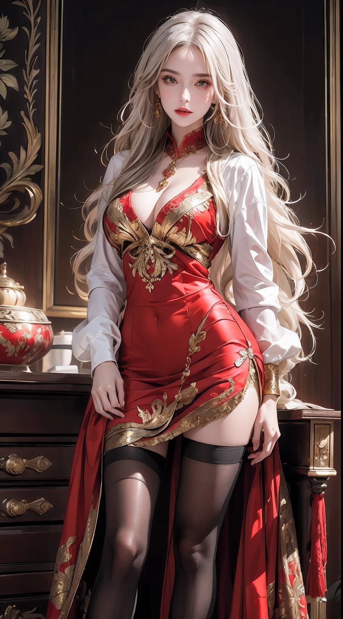 ((Masterpiece, Highest quality)), Detailed face, CharacterDesignSheet,full bodyesbian, Full of details, Multiple poses and expressions, Highly detailed, Depth, Many parts,beuaty girl,cinmatic lighting,with light glowing,Red and gold,Phoenix decoration,light yarn,Lace,lacepantyhose,high-heels
