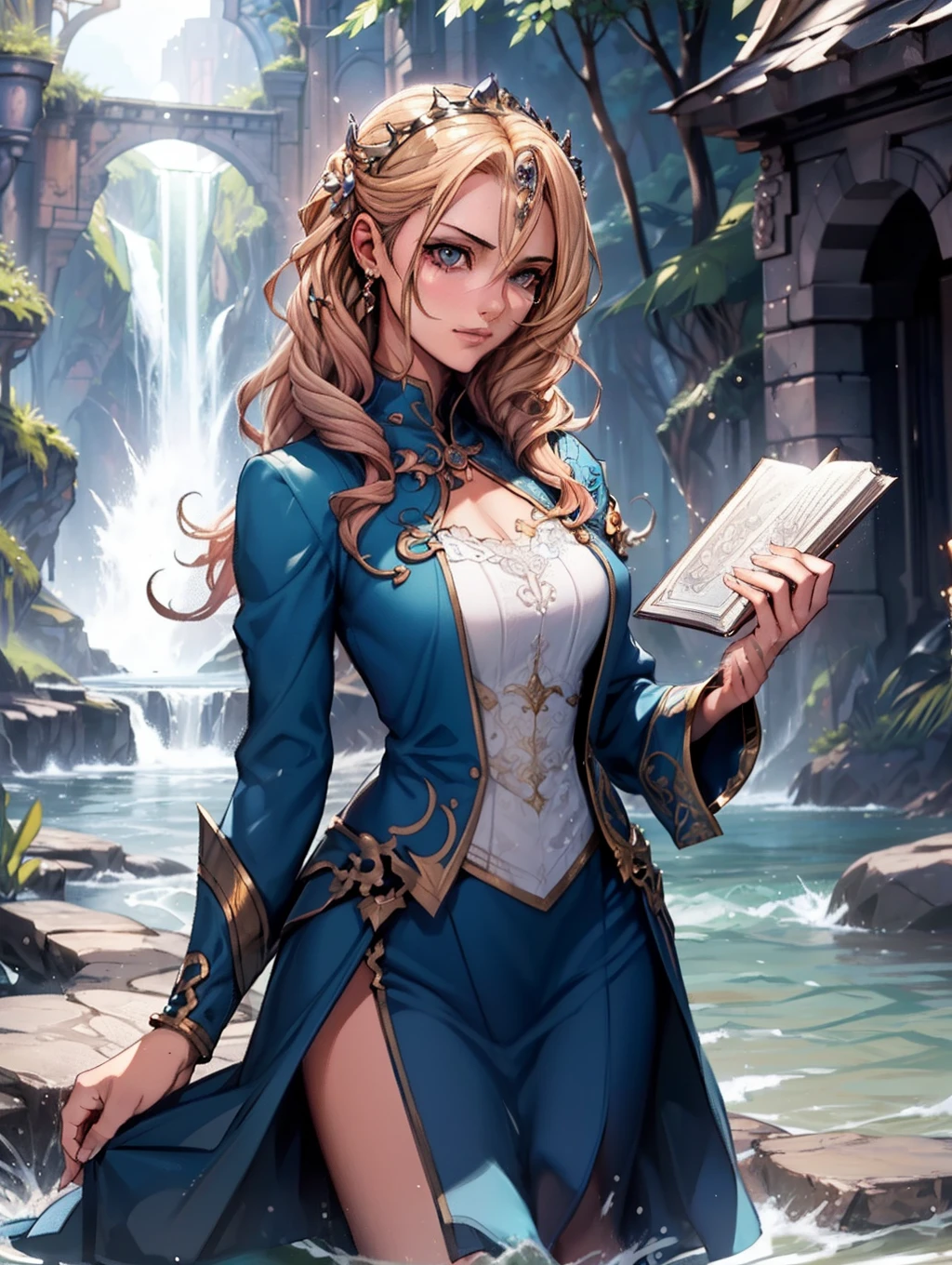 (Best quality), (Masterpiece), a very exquisite and beautiful girl, Very detailed, Amazing, ExquisiteDetail, officlal art, Super detailed, high-level, beautiful details girl, with a radiant face, a girl standing in front of a dragon, Long, without humans, Dragon, (Floating blonde hair), jade water book, Water, Waves, Filled with water energy, all mechanical, pink mechanical, mix4,swordsman