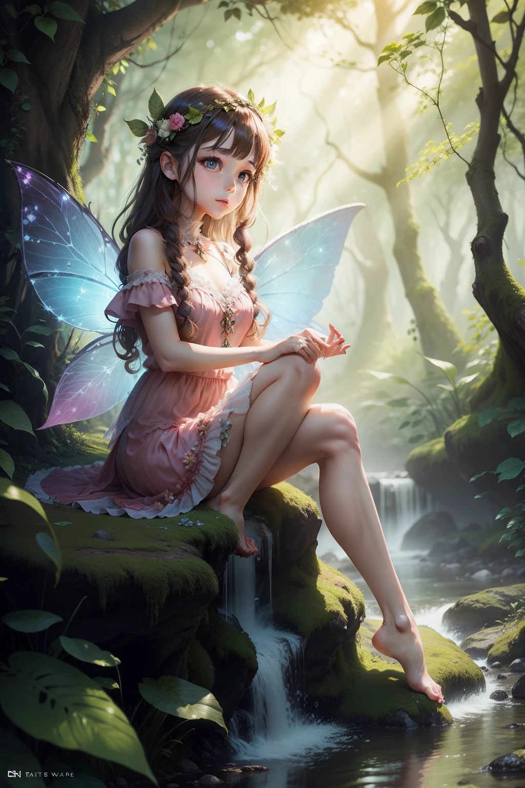 (AS-YoungV2:1.3), <lora:more_details:1>, <lora:litlights:0.1>, <lora:epi_noiseoffset2:0.6>,
(best quality, masterpiece, detailed) front view, ethereal forest nymph, full body shot, lush woodlands, morning dew, gossamer wings, vibrant greenery, wild flowers, flowing golden hair, serene expression, dappled sunlight, (enchanting:1.3), (whimsical surroundings:1.2), (softly glowing:1.4), natural palette.
